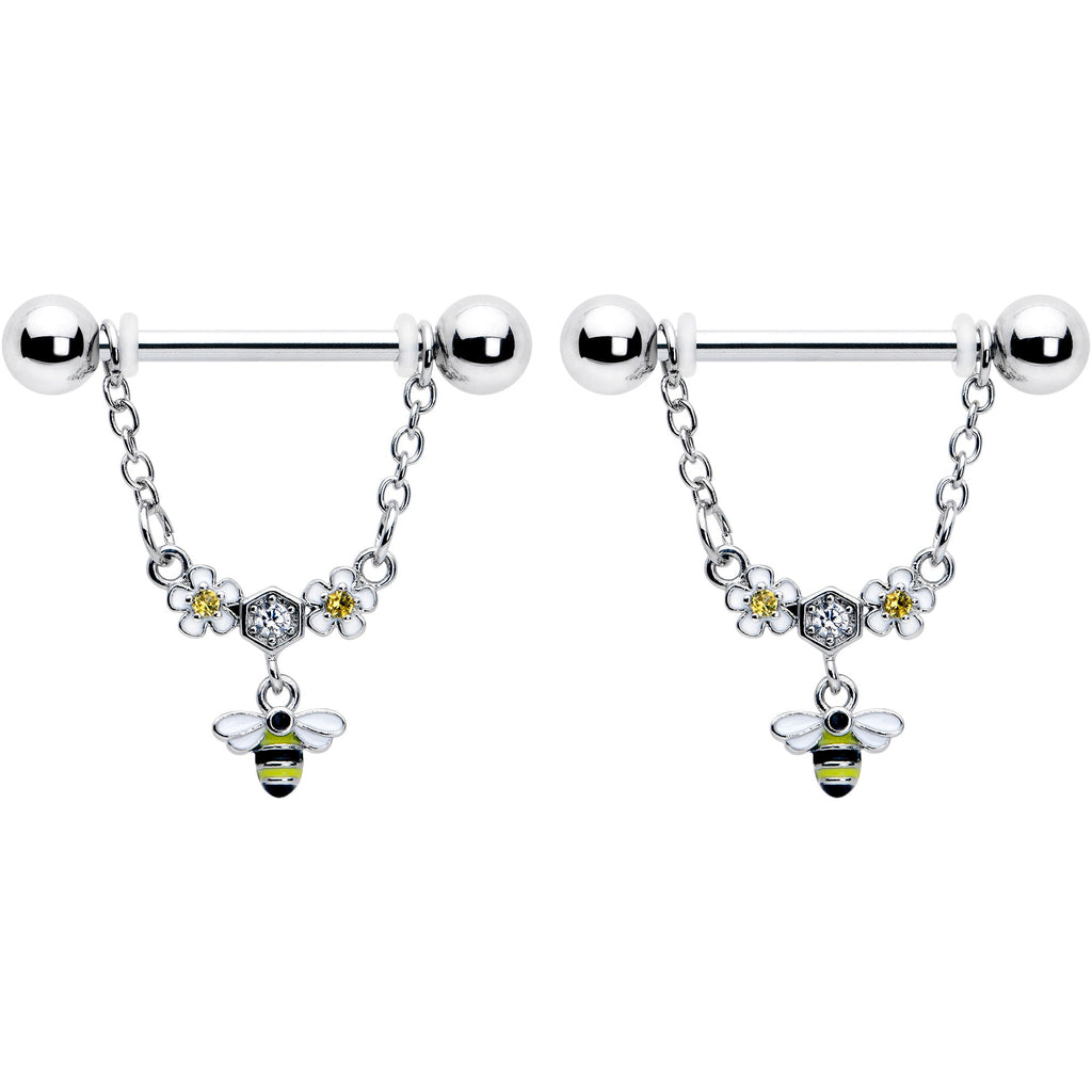 BodyCandy 14G 9/16 Yellow CZ Gem Flower Bee Chain Dangle Nipple Ring Set — detail close-up