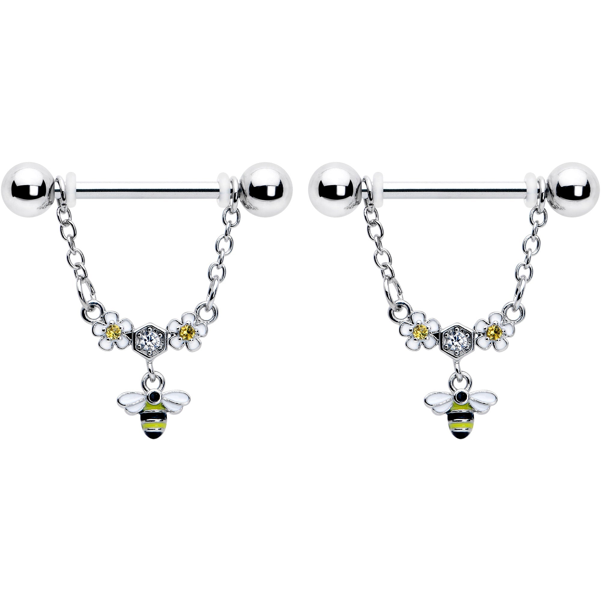 BodyCandy 14G 9/16 Yellow CZ Gem Flower Bee Chain Dangle Nipple Ring Set — detail close-up