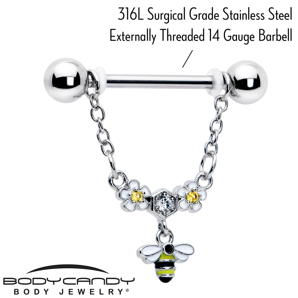 BodyCandy 14G 9/16 Yellow CZ Gem Flower Bee Chain Dangle Nipple Ring Set — lifestyle context