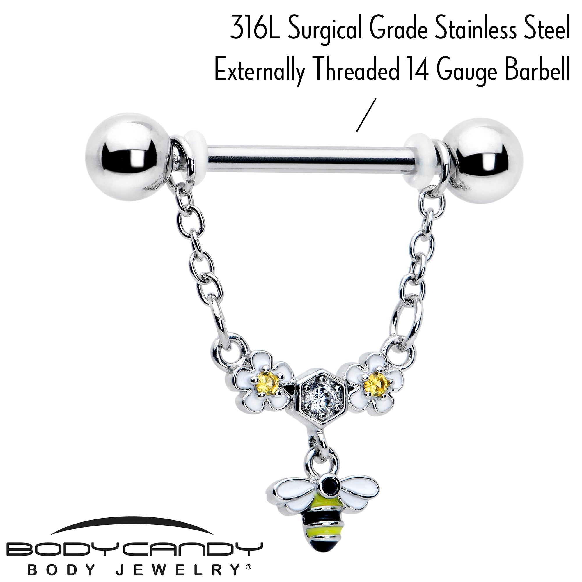 BodyCandy 14G 9/16 Yellow CZ Gem Flower Bee Chain Dangle Nipple Ring Set — lifestyle context