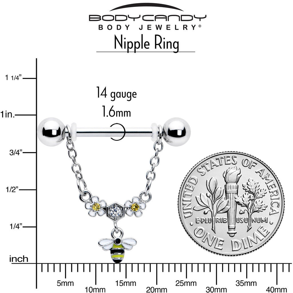 BodyCandy 14G 9/16 Yellow CZ Gem Flower Bee Chain Dangle Nipple Ring Set — side view