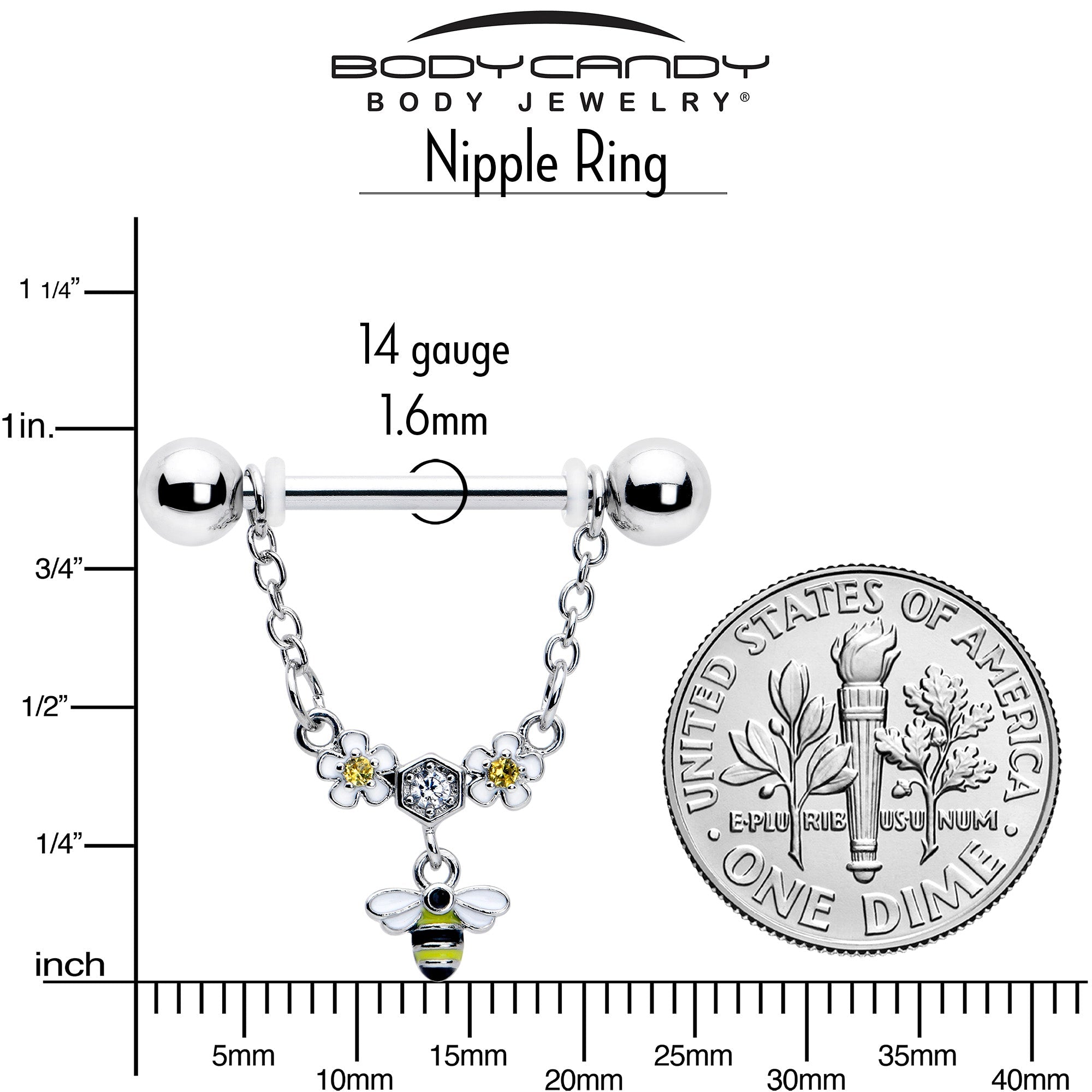 BodyCandy 14G 9/16 Yellow CZ Gem Flower Bee Chain Dangle Nipple Ring Set — side view