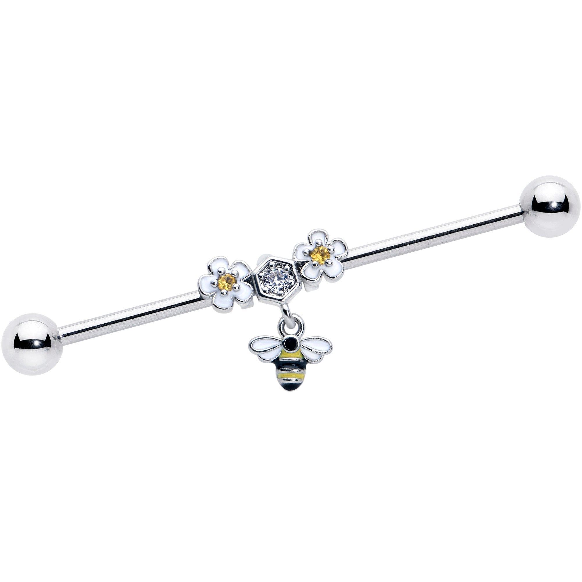 BodyCandy 14G Yellow CZ Gem Flower Bee Dangle Industrial Barbell 38mm — main product shot
