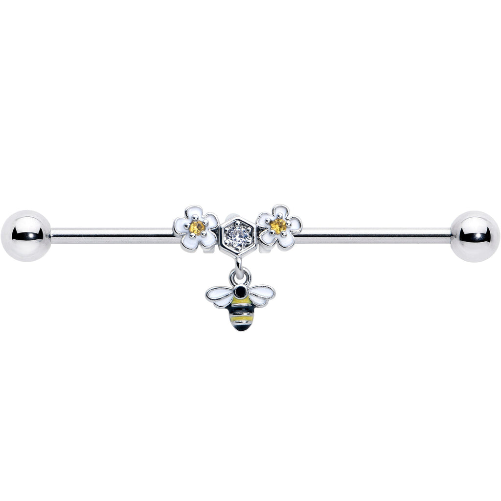 BodyCandy 14G Yellow CZ Gem Flower Bee Dangle Industrial Barbell 38mm — detail close-up