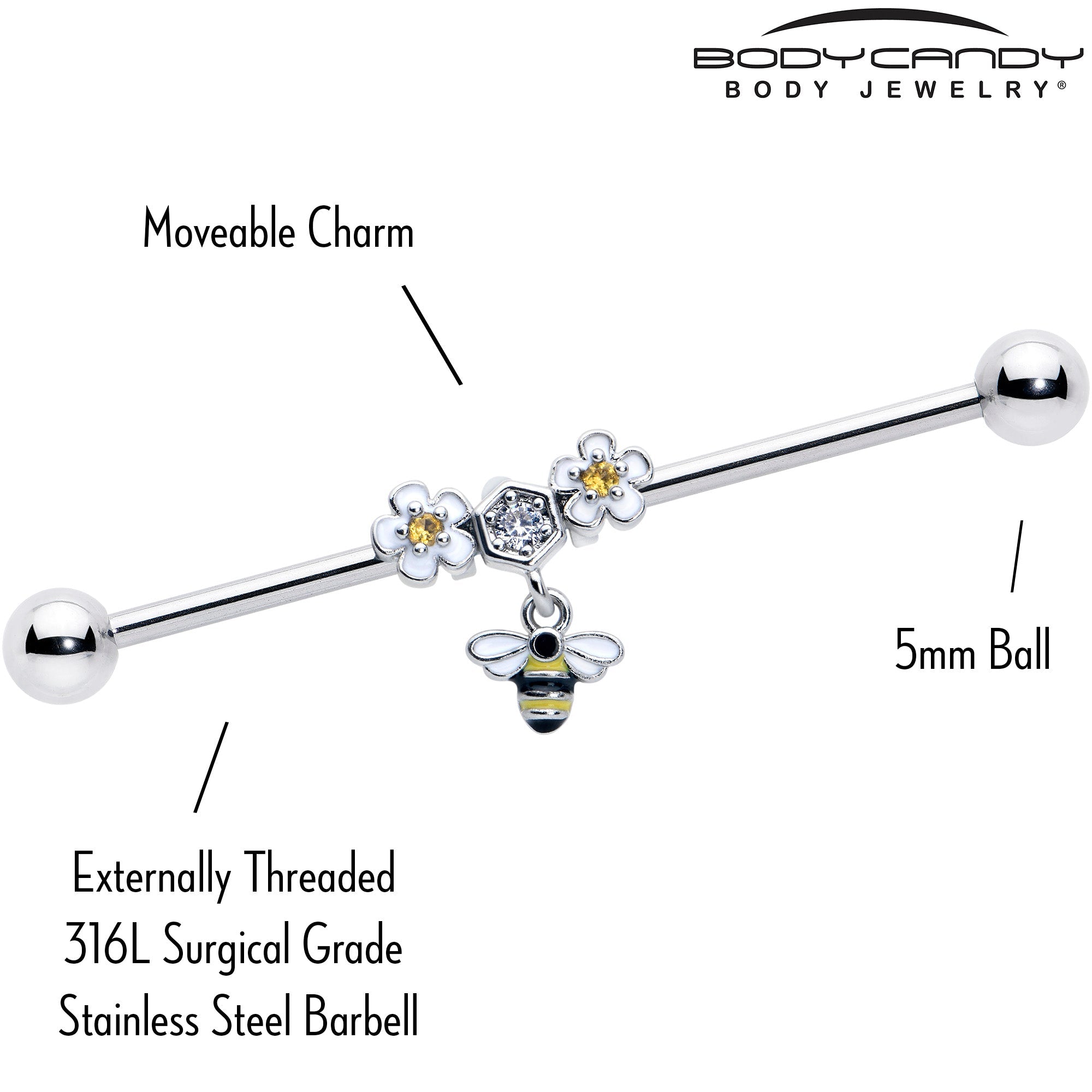 BodyCandy 14G Yellow CZ Gem Flower Bee Dangle Industrial Barbell 38mm — lifestyle context