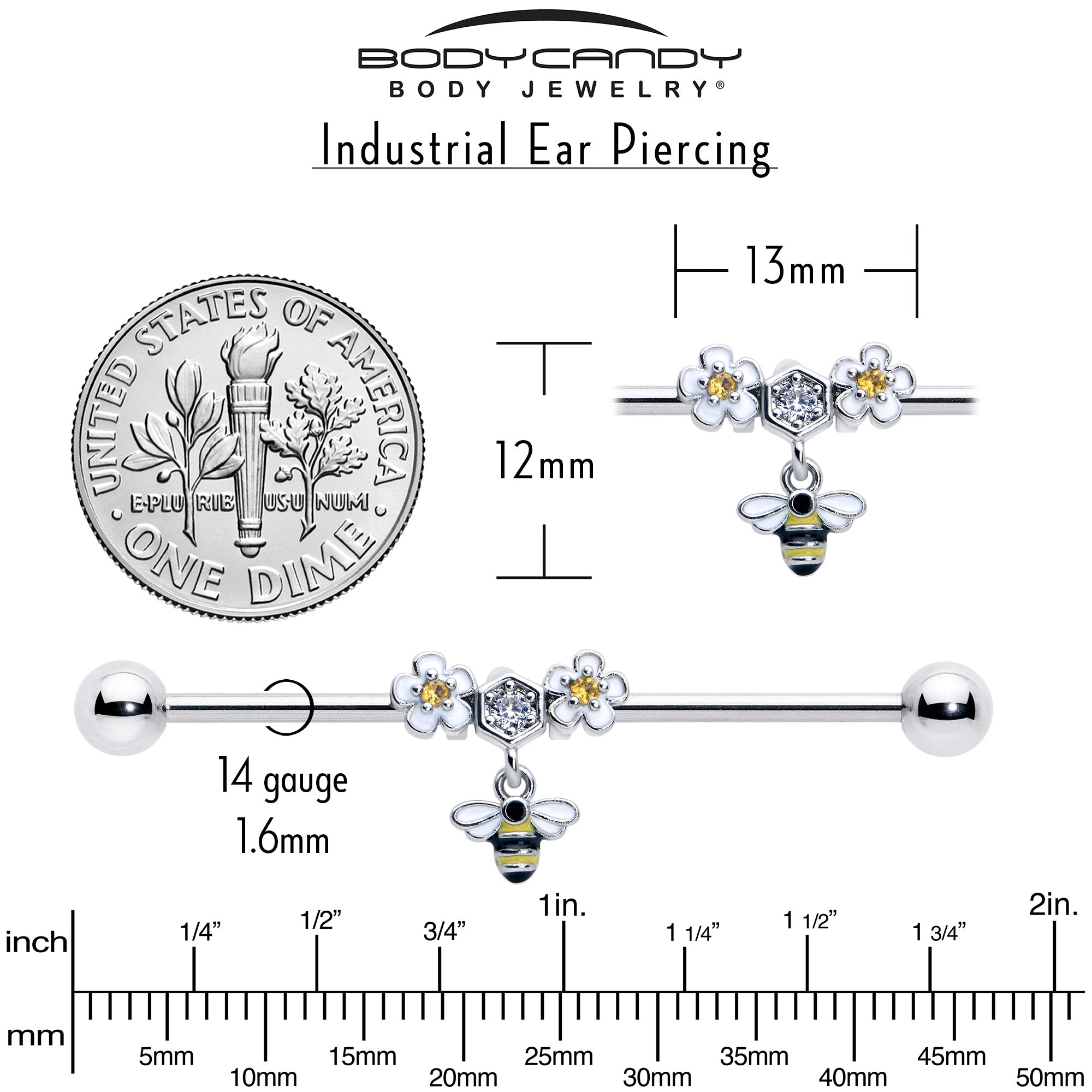 BodyCandy 14G Yellow CZ Gem Flower Bee Dangle Industrial Barbell 38mm — side view
