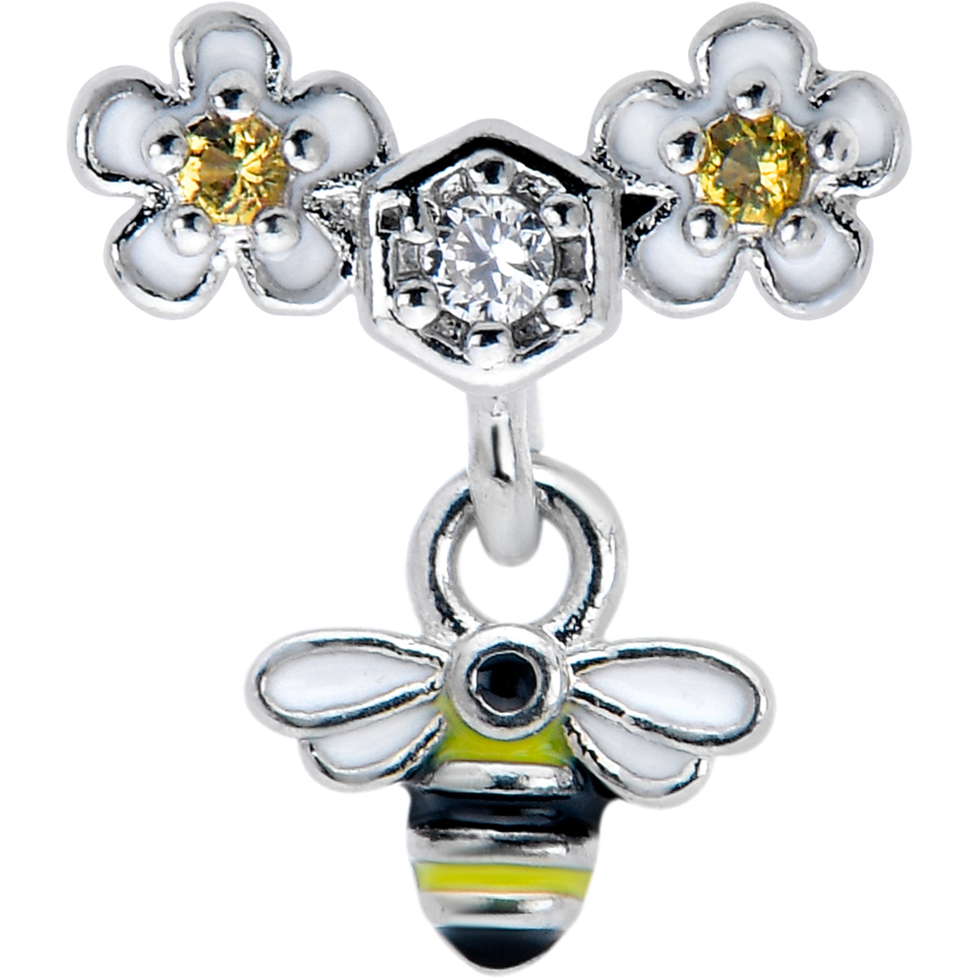 BodyCandy 16G 1/4 Yellow CZ Gem Flower Bee Dangle Cartilage Tragus Earring — detail close-up