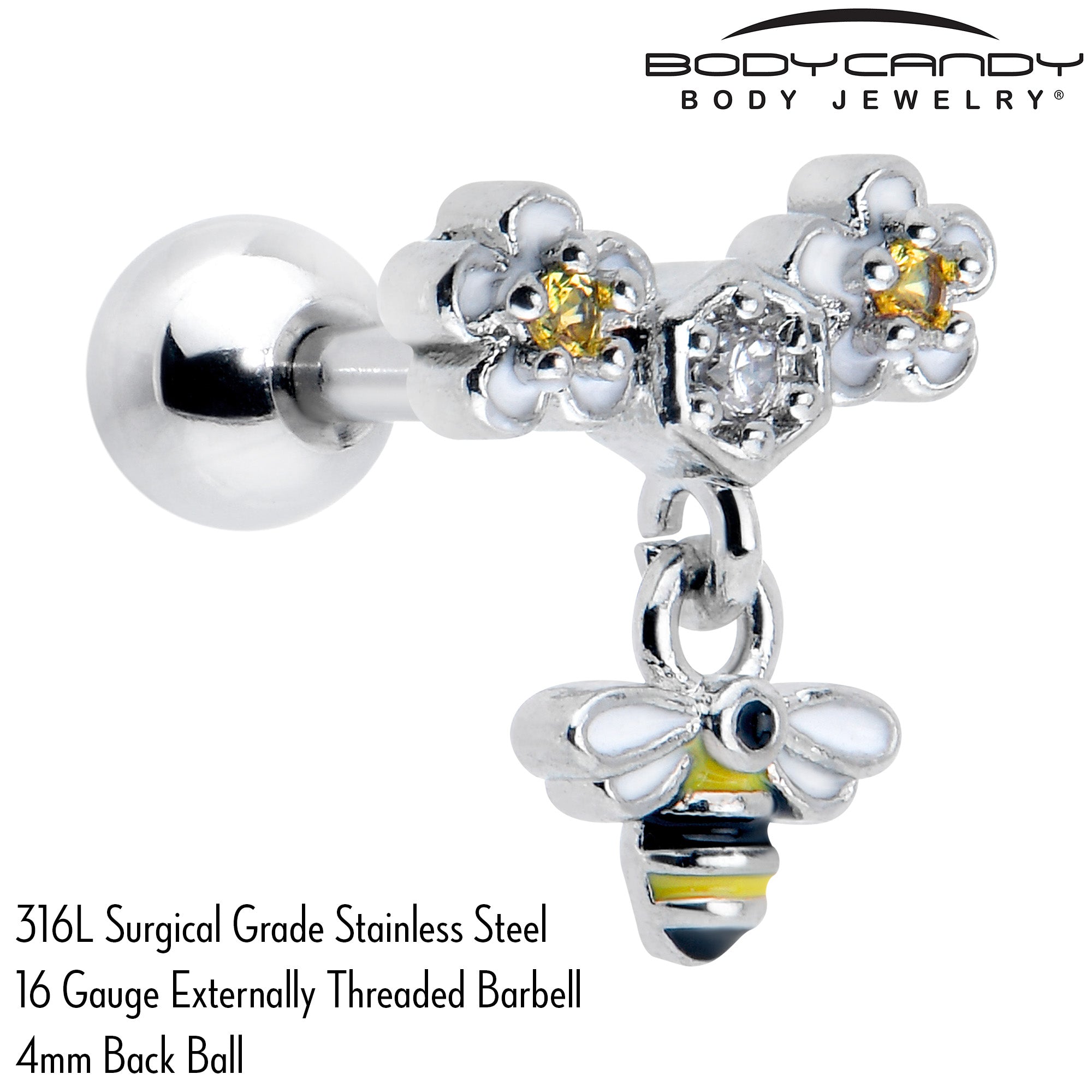 BodyCandy 16G 1/4 Yellow CZ Gem Flower Bee Dangle Cartilage Tragus Earring — side view