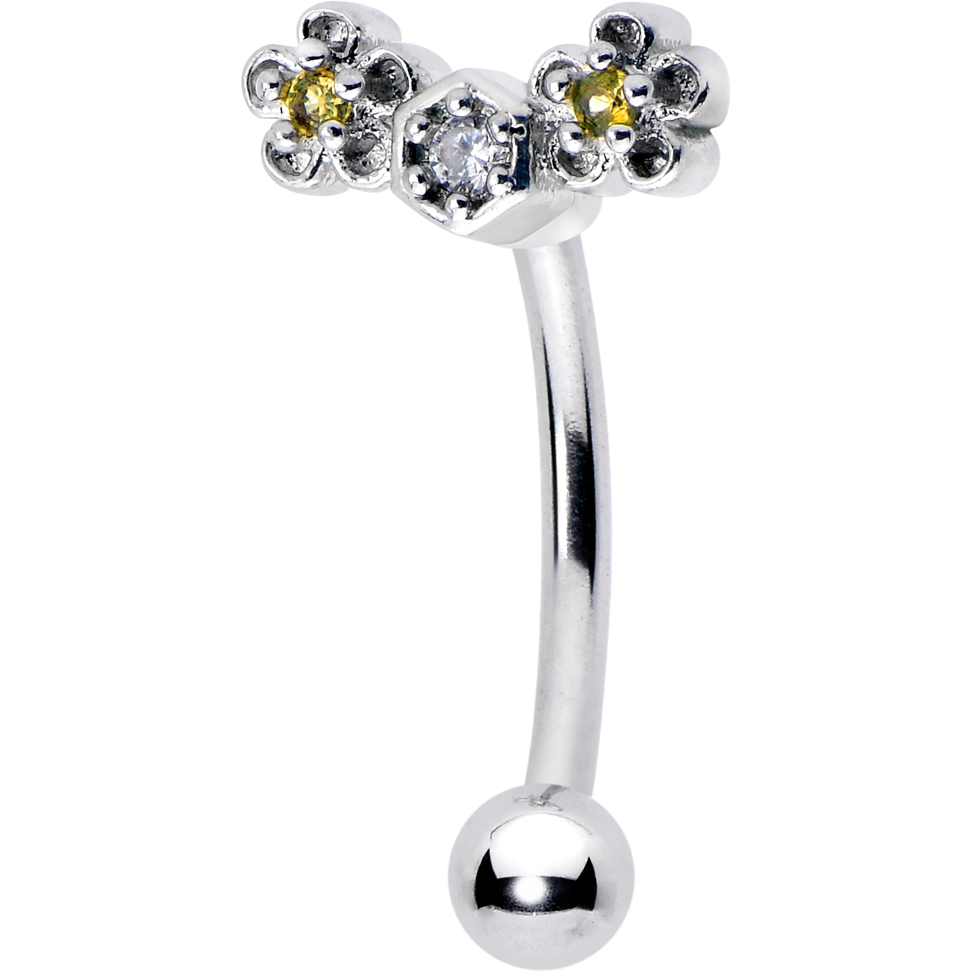 BodyCandy 16G 5/16 Yellow CZ Gem Flower Honeycomb Curved Eyebrow Ring — main product shot