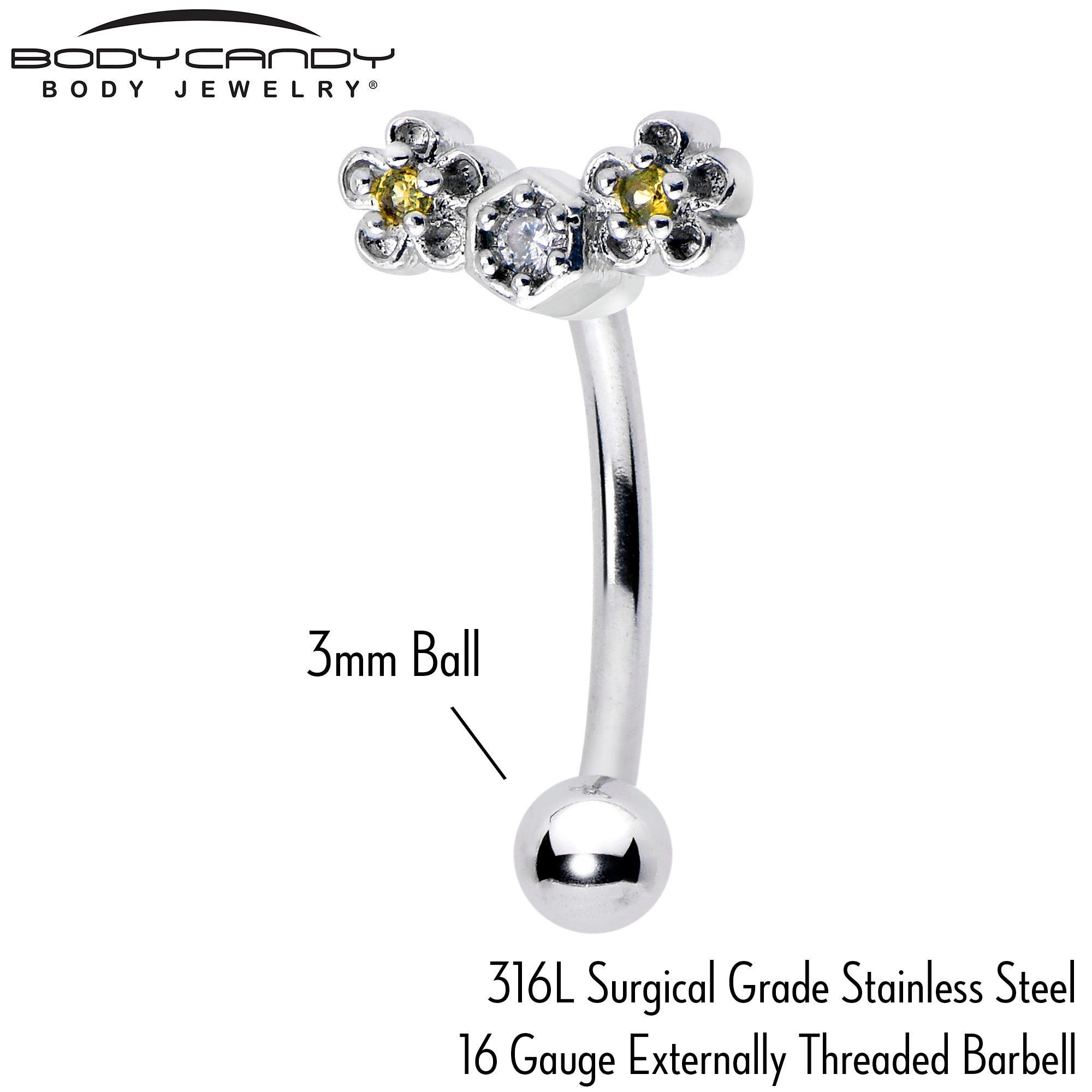 BodyCandy 16G 5/16 Yellow CZ Gem Flower Honeycomb Curved Eyebrow Ring — lifestyle context