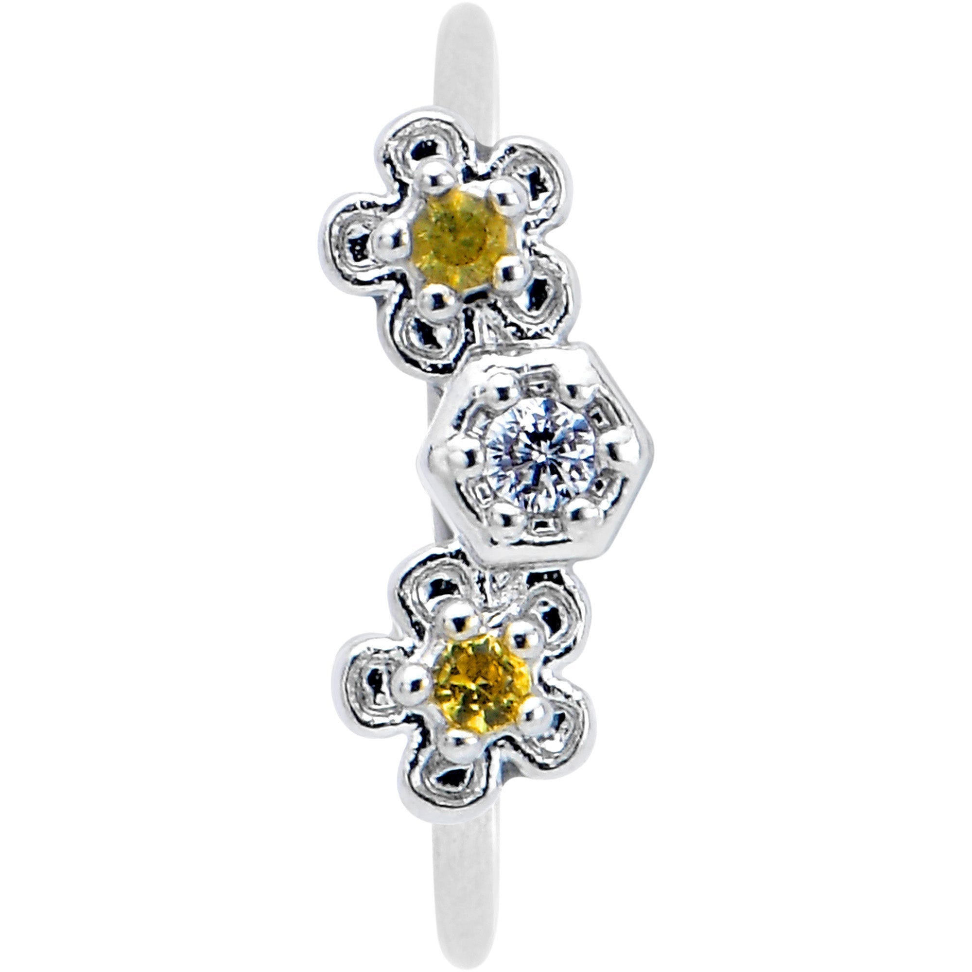 BodyCandy 20G 5/16 Yellow CZ Gem Flower Honeycomb Nose Hoop — detail close-up