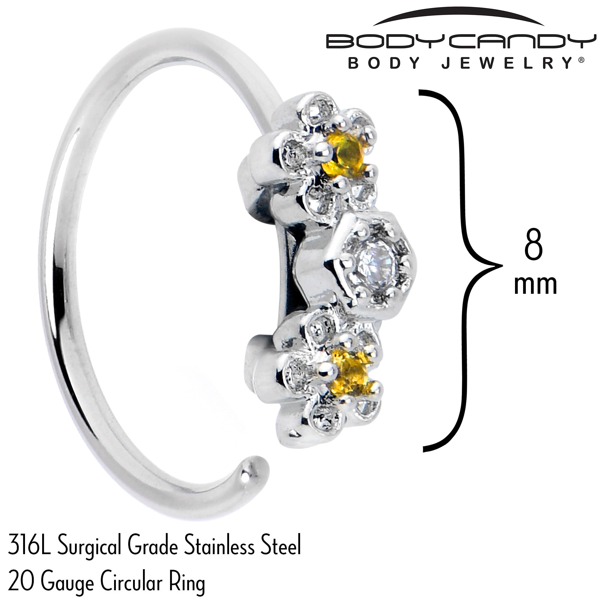 BodyCandy 20G 5/16 Yellow CZ Gem Flower Honeycomb Nose Hoop — side view