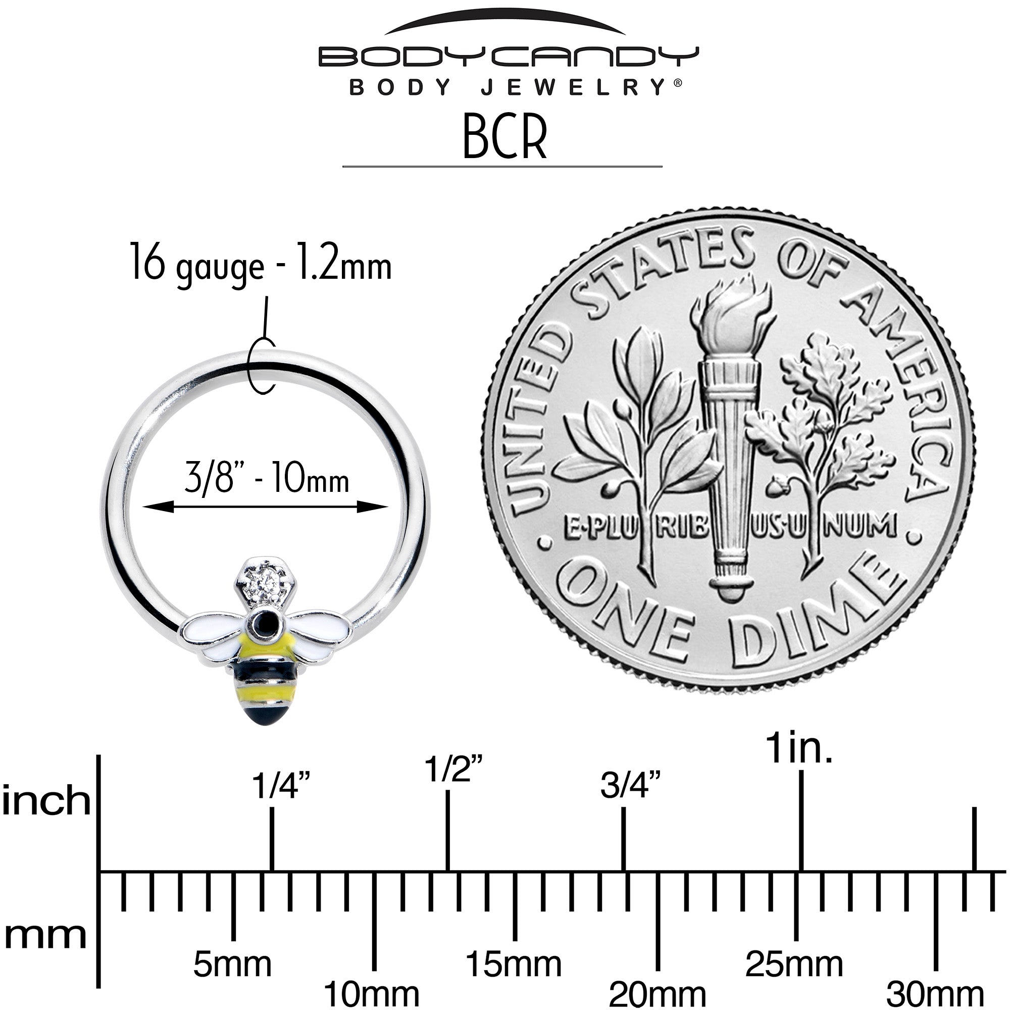 BodyCandy 16G 3/8 Clear CZ Gem Bee Sweet BCR Captive Ring — side view