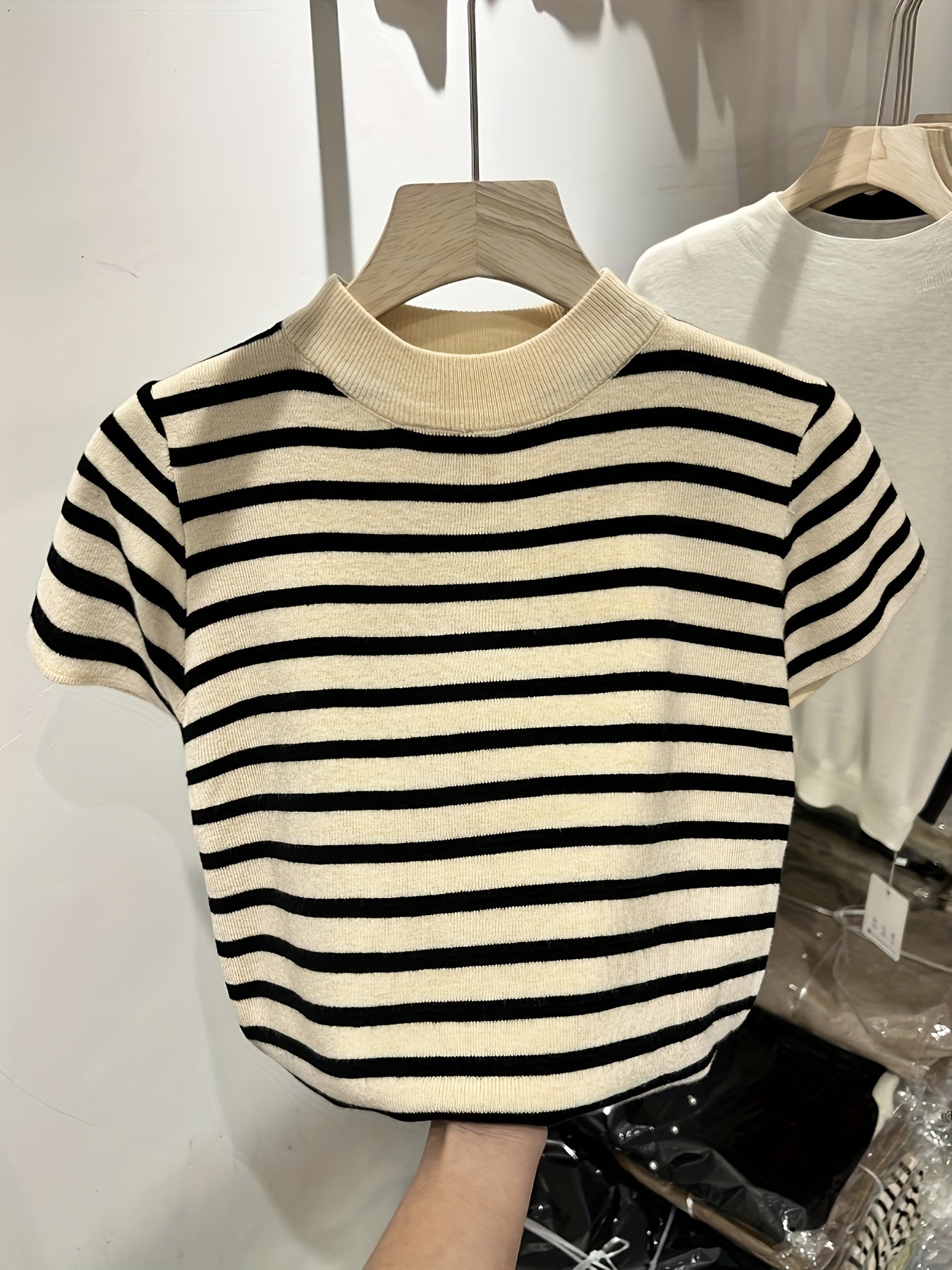 MyClosetAid Semi-High Neck Striped Short-Sleeved T-Shirt — color detail