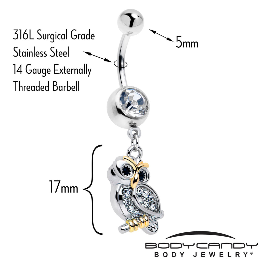 BodyCandy Clear Gem Evening Owl Dangle Belly Ring — detail close-up