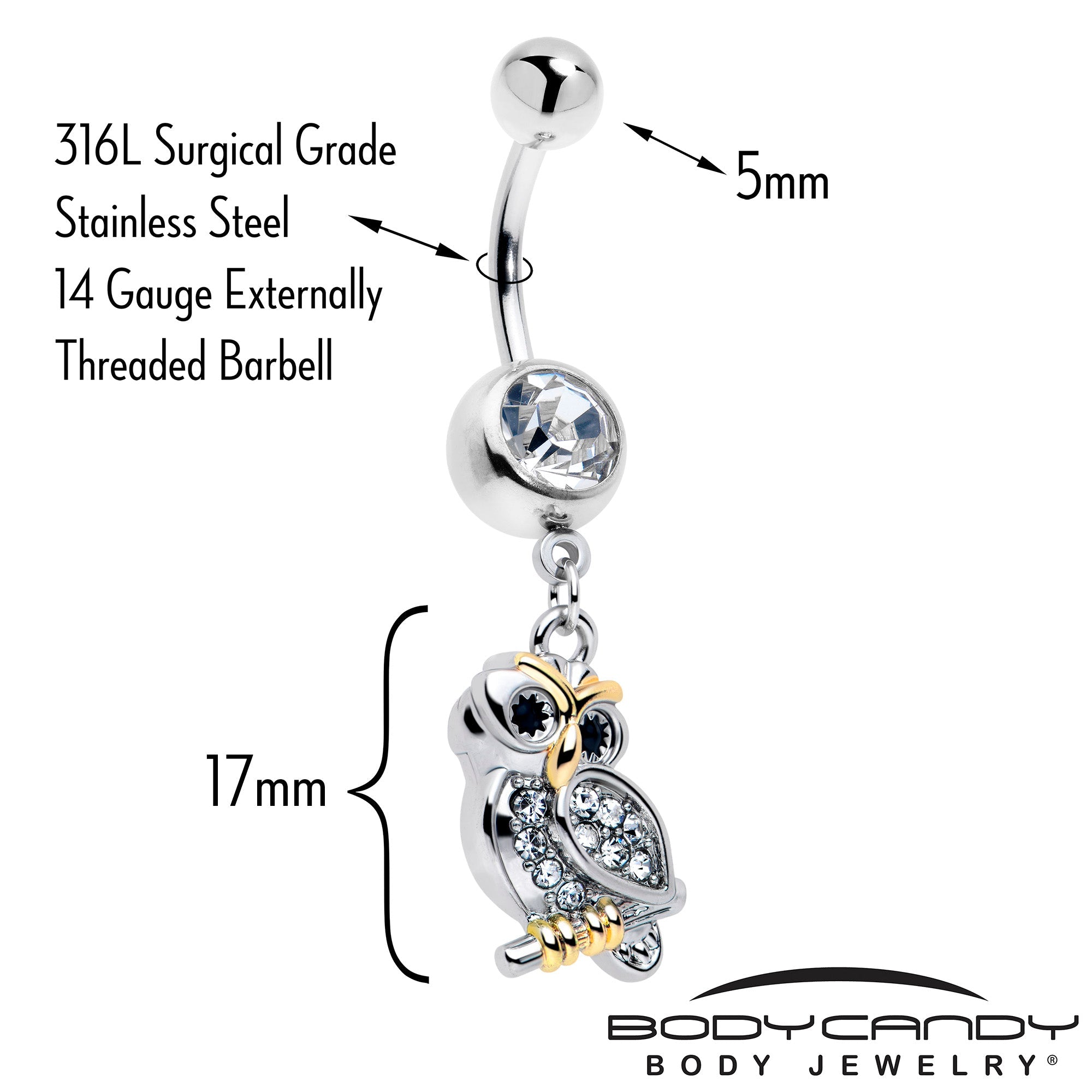 BodyCandy Clear Gem Evening Owl Dangle Belly Ring — detail close-up