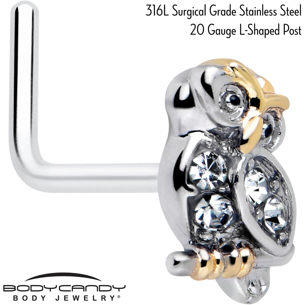 BodyCandy 20G 7mm Clear Gem Evening Owl L Shape Nose Ring — detail close-up