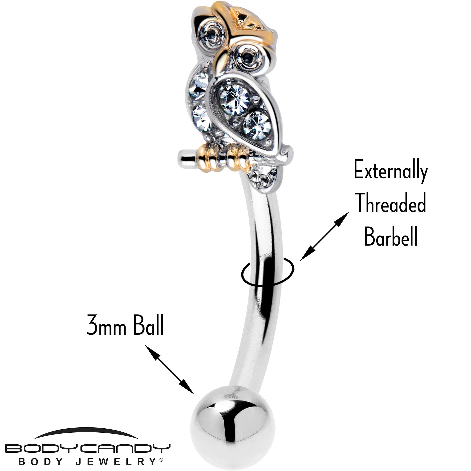 BodyCandy 16G 5/16 Clear Gem Evening Owl Curved Eyebrow Ring — detail close-up