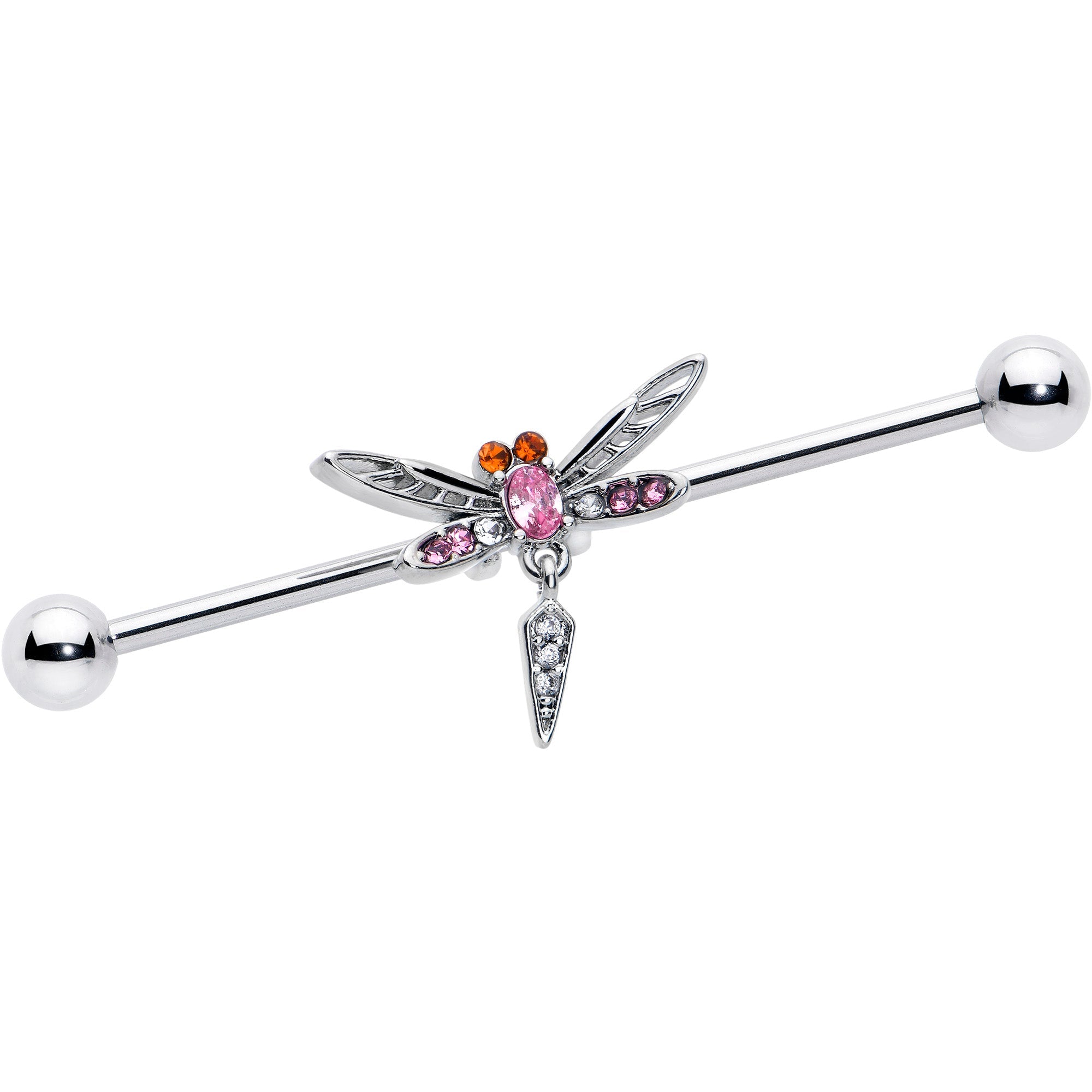 BodyCandy 14G Pink Orange Gem Swank Dragonfly Dangle Industrial Barbell 38mm — main product shot