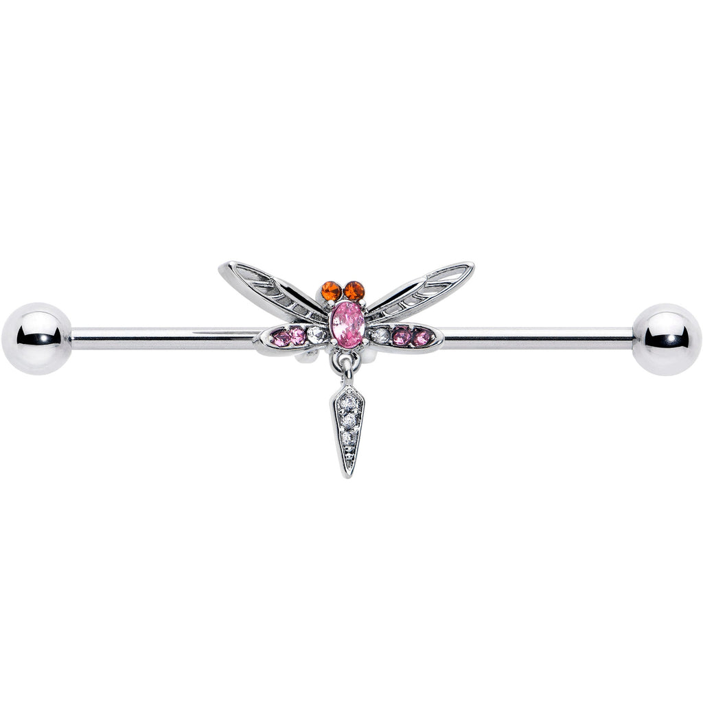 BodyCandy 14G Pink Orange Gem Swank Dragonfly Dangle Industrial Barbell 38mm — detail close-up