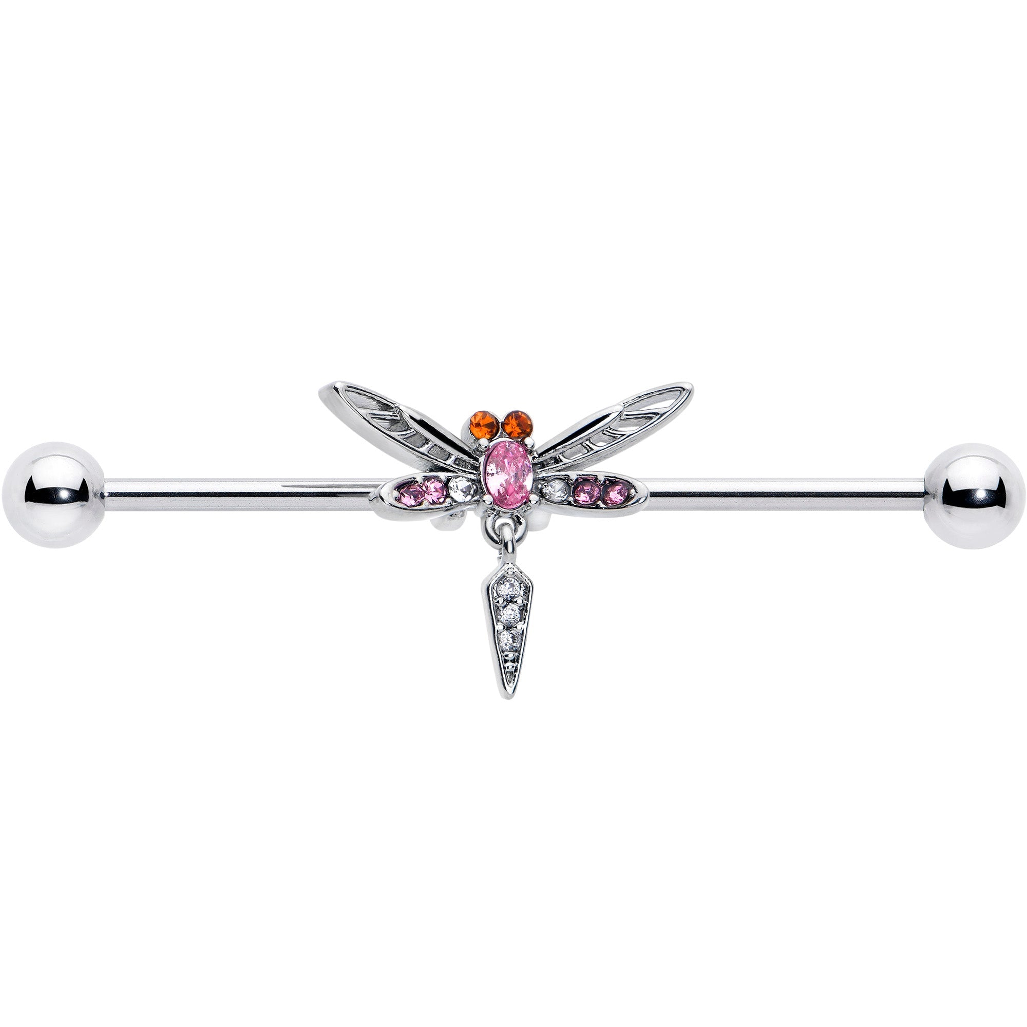 BodyCandy 14G Pink Orange Gem Swank Dragonfly Dangle Industrial Barbell 38mm — detail close-up