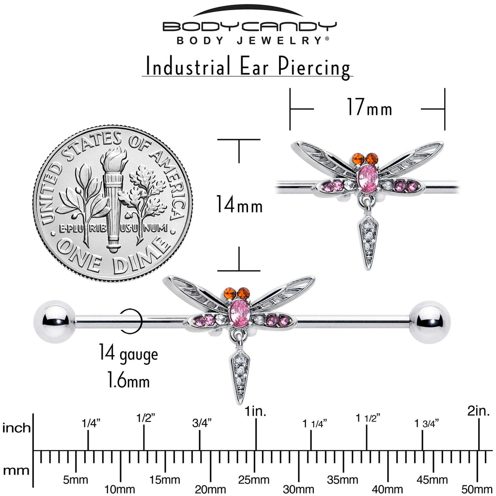 BodyCandy 14G Pink Orange Gem Swank Dragonfly Dangle Industrial Barbell 38mm — side view