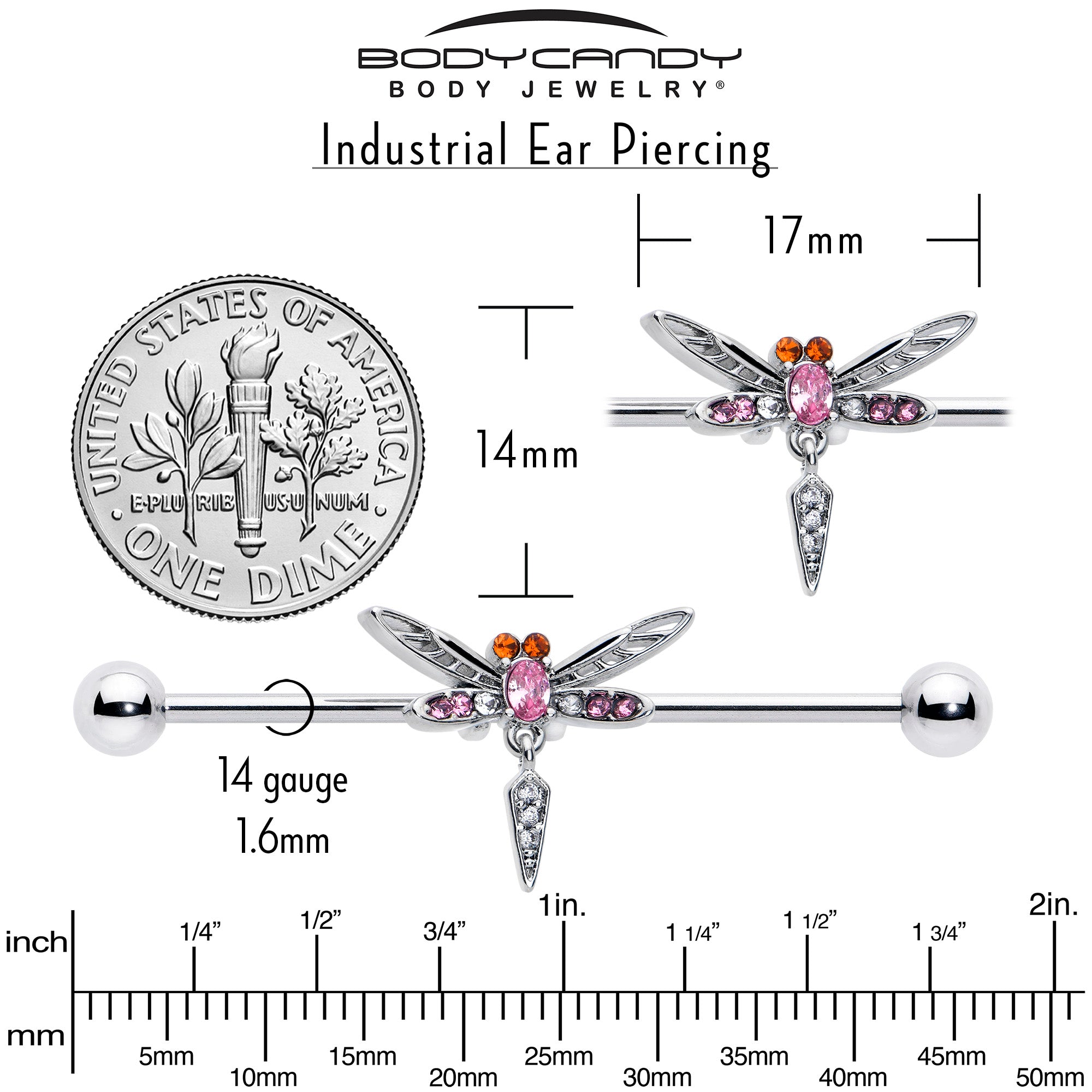 BodyCandy 14G Pink Orange Gem Swank Dragonfly Dangle Industrial Barbell 38mm — side view