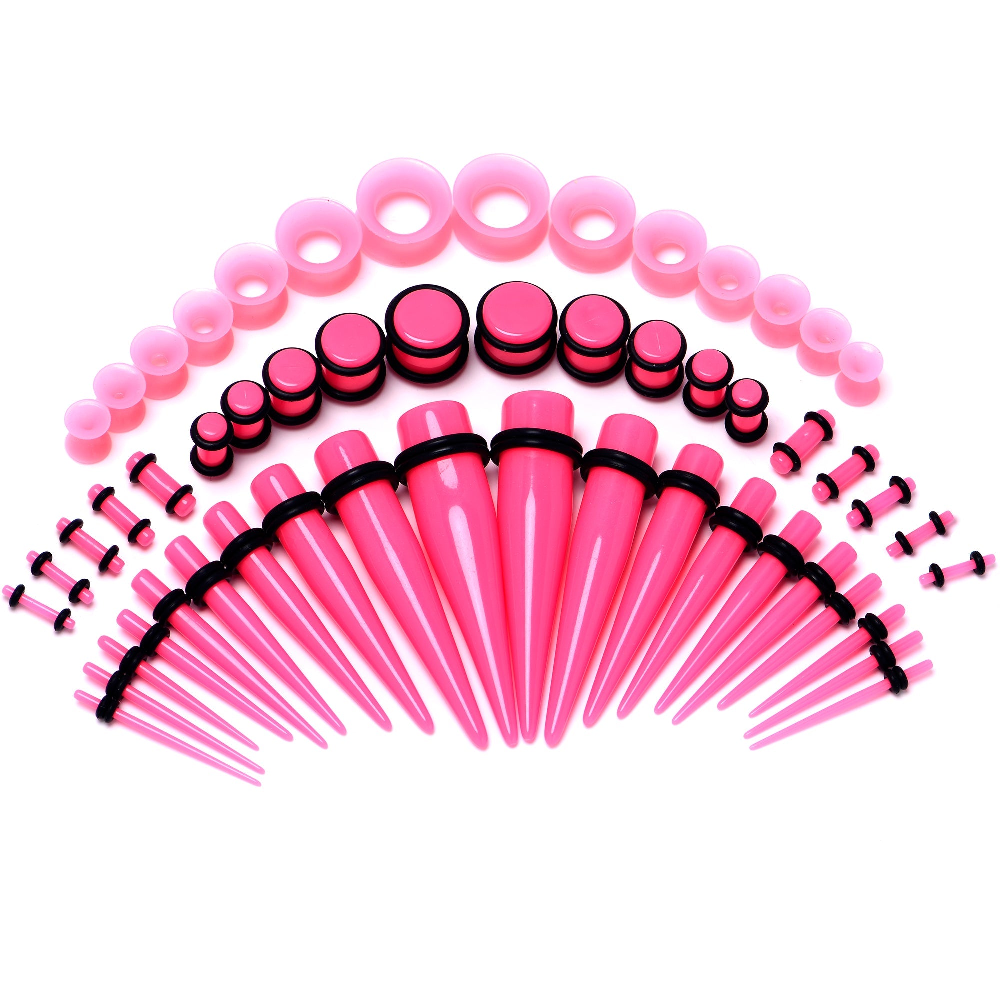 BodyCandy 14G to 1/2 Pink Acrylic 54 Piece Ear Stretching Kit with Jojoba Oil — detail close-up