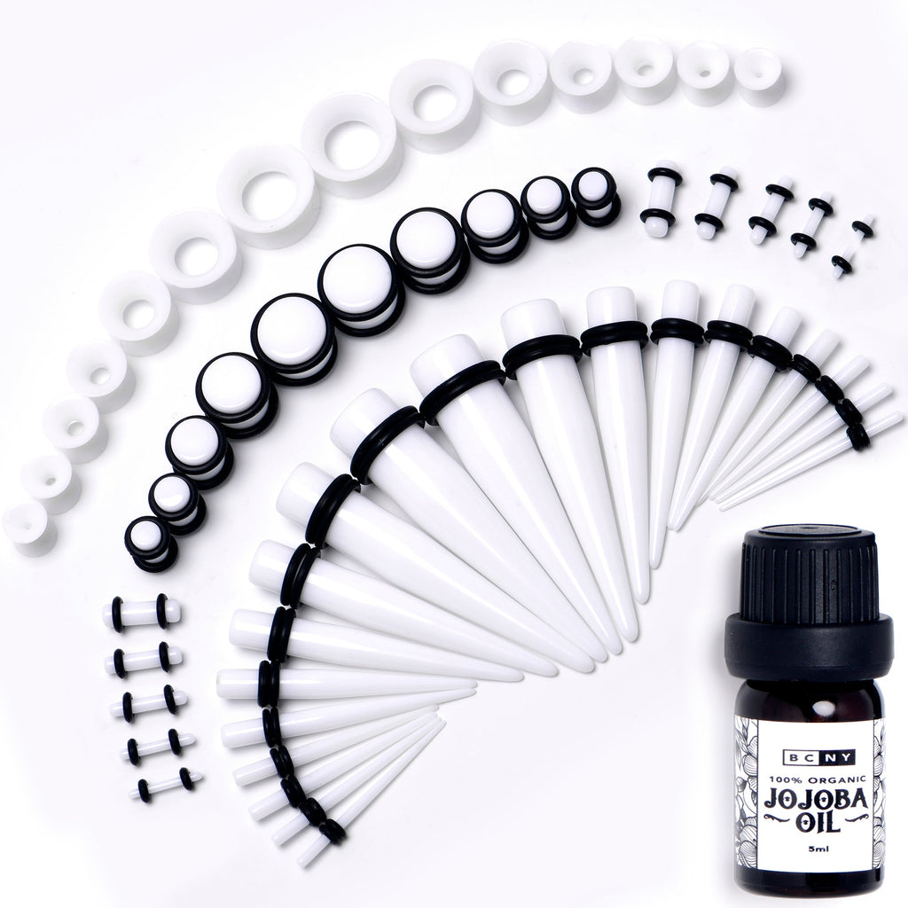BodyCandy 14G to 1/2 White Acrylic 54 Piece Ear Stretching Kit with Jojoba Oil — main product shot