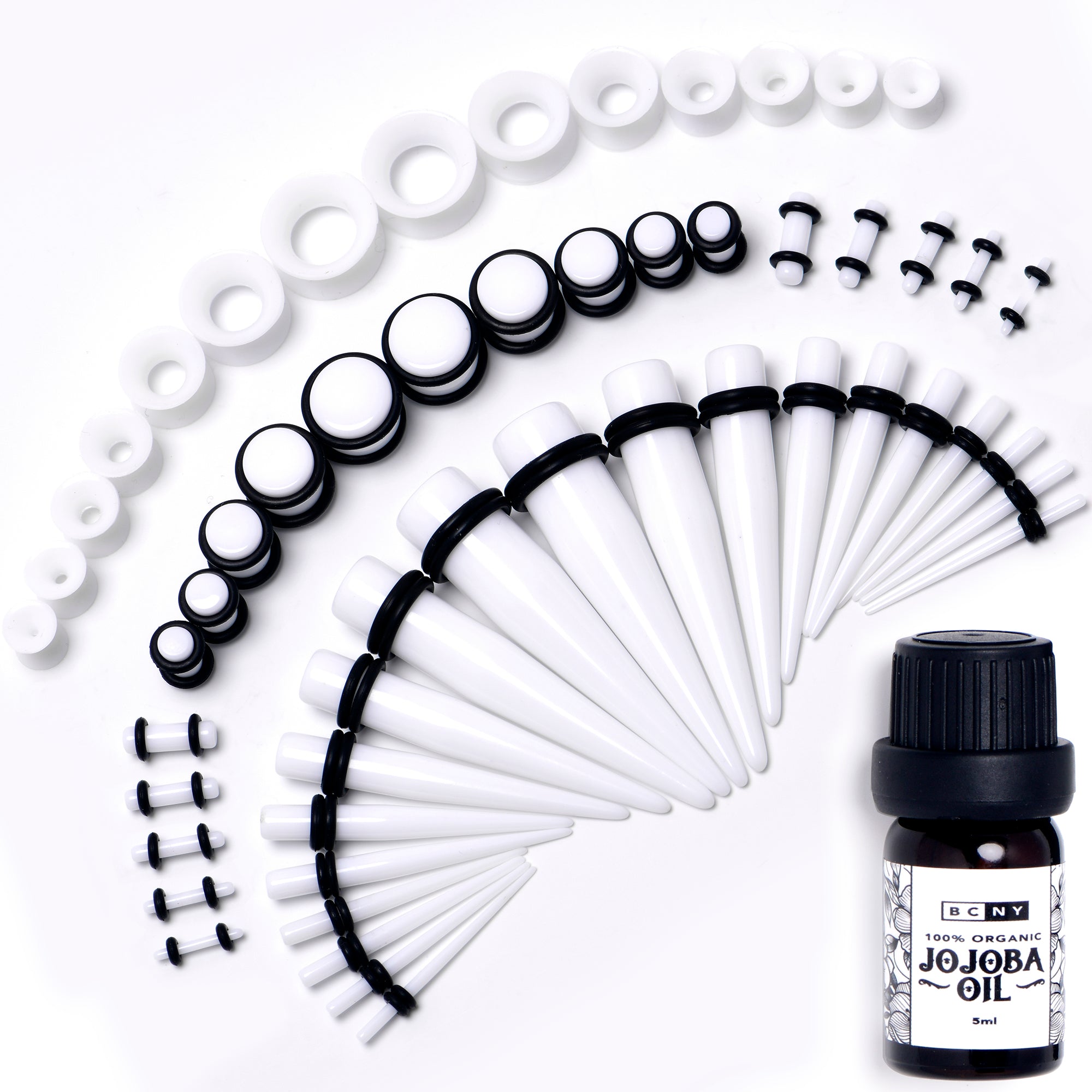 BodyCandy 14G to 1/2 White Acrylic 54 Piece Ear Stretching Kit with Jojoba Oil — main product shot