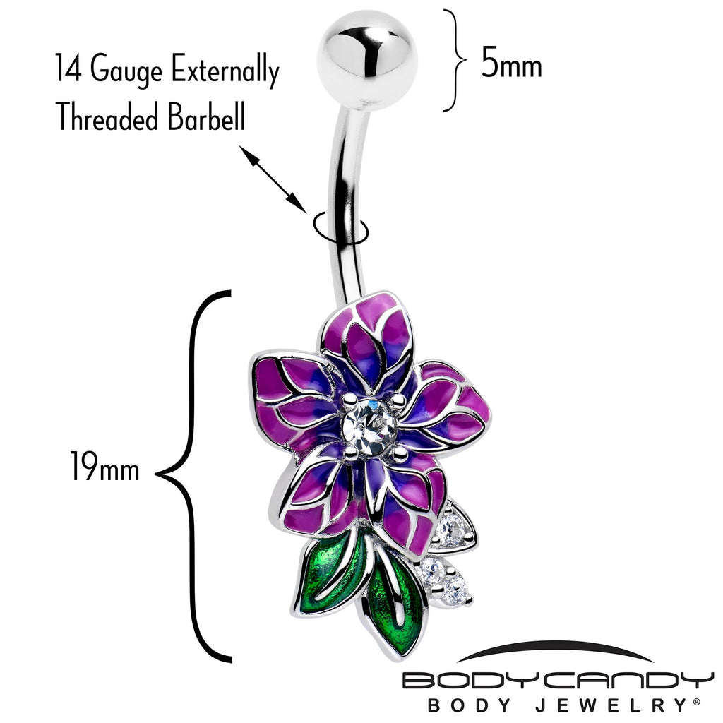 BodyCandy Clear CZ Gem Flower Purple Belly Ring — detail close-up