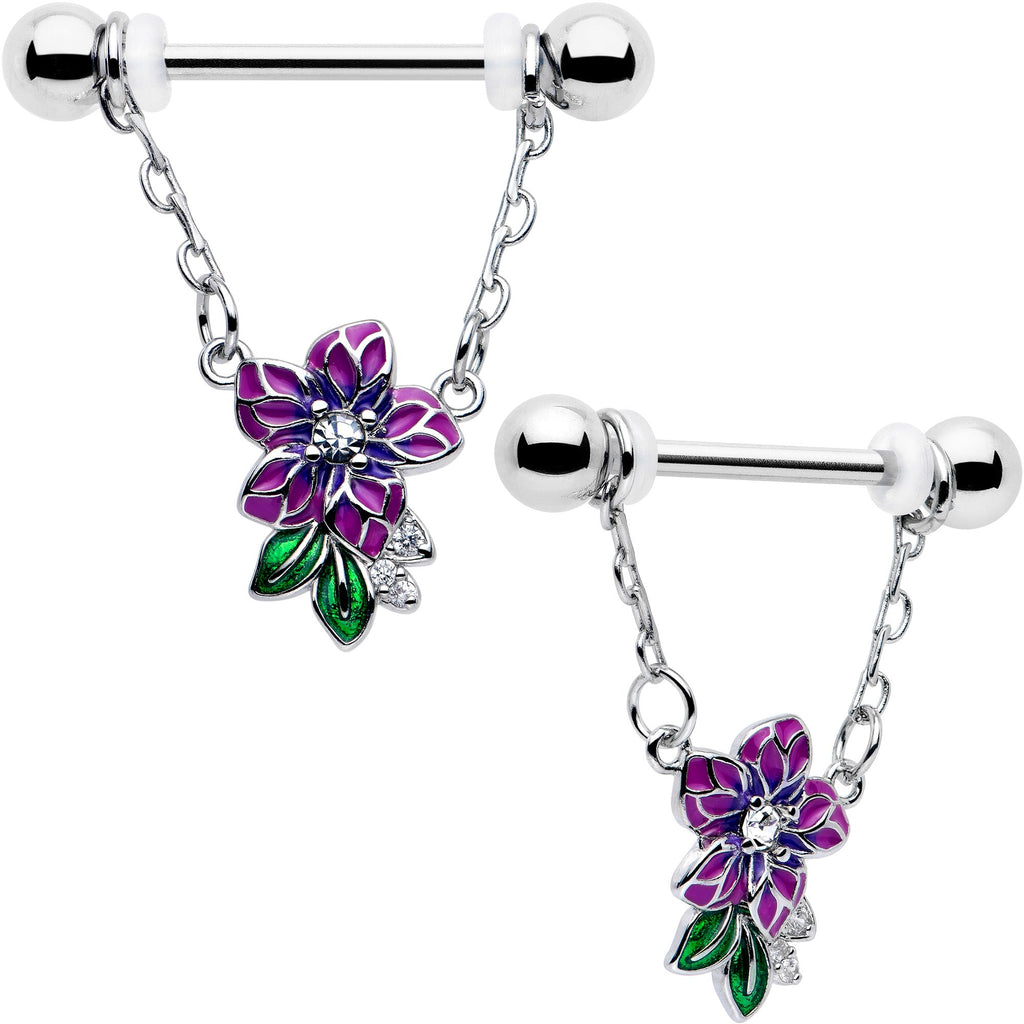 BodyCandy 14G 9/16 Clear CZ Gem Flower Purple Chain Dangle Nipple Ring Set — main product shot