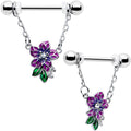 BodyCandy 14G 9/16 Clear CZ Gem Flower Purple Chain Dangle Nipple Ring Set — main product shot