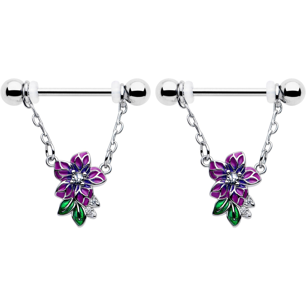 BodyCandy 14G 9/16 Clear CZ Gem Flower Purple Chain Dangle Nipple Ring Set — detail close-up