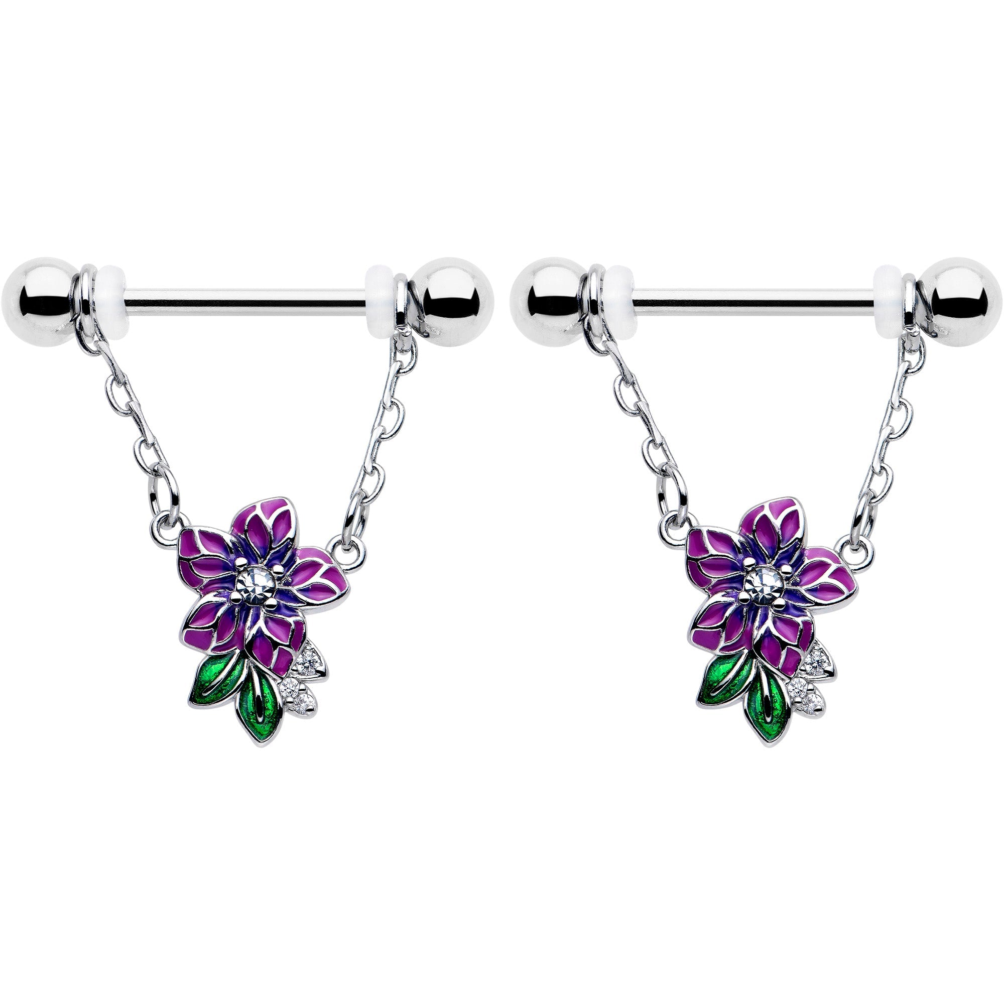BodyCandy 14G 9/16 Clear CZ Gem Flower Purple Chain Dangle Nipple Ring Set — detail close-up