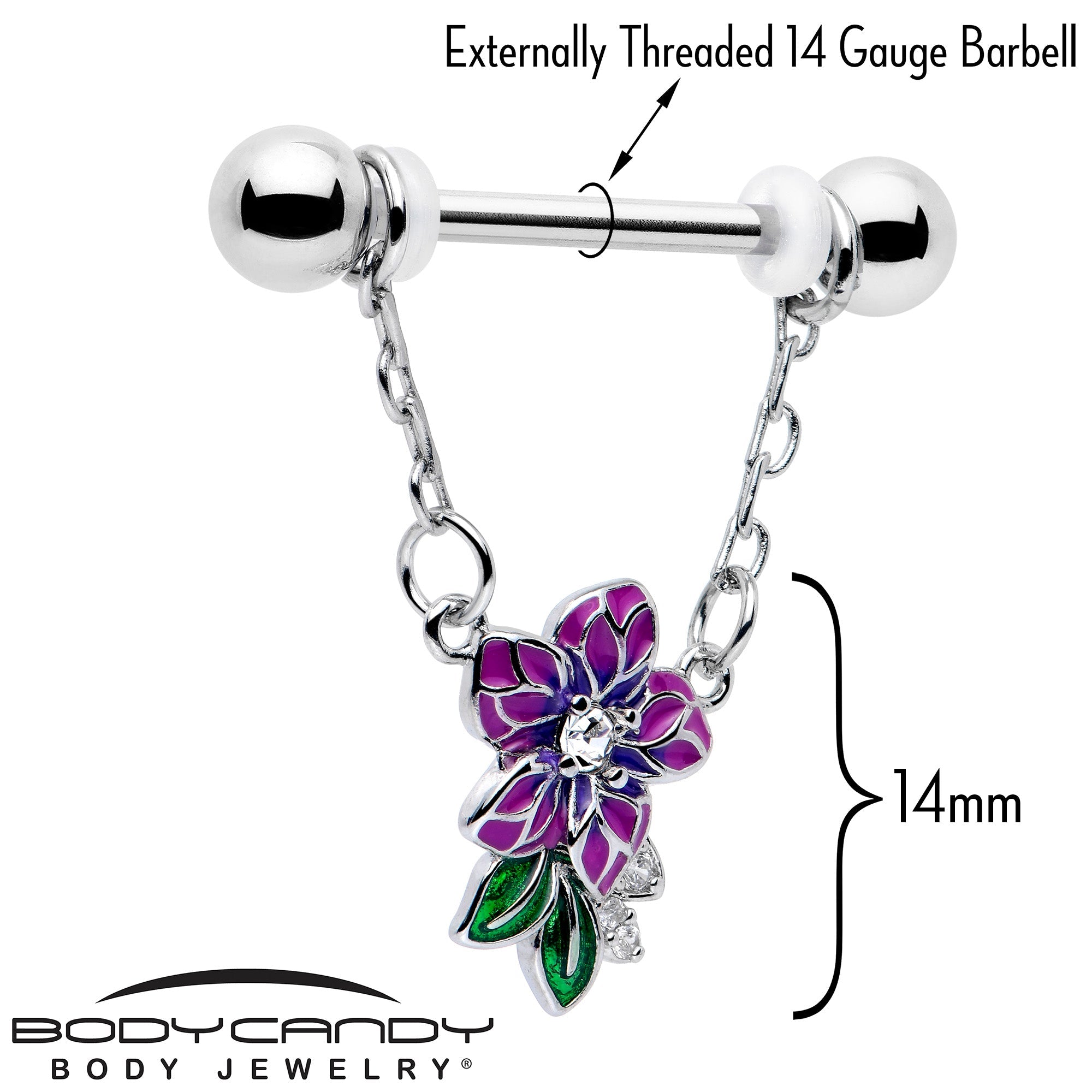 BodyCandy 14G 9/16 Clear CZ Gem Flower Purple Chain Dangle Nipple Ring Set — lifestyle context