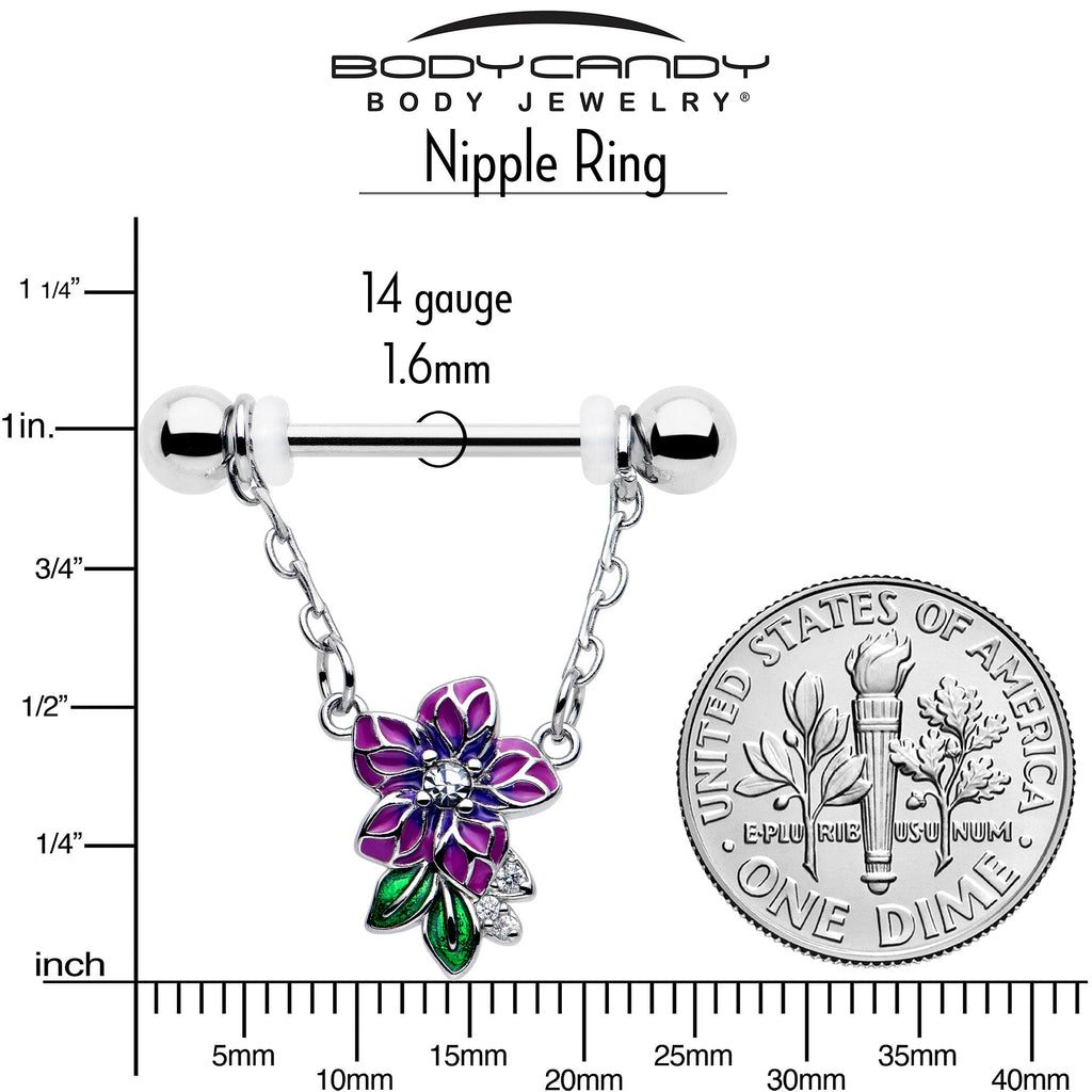 BodyCandy 14G 9/16 Clear CZ Gem Flower Purple Chain Dangle Nipple Ring Set — side view