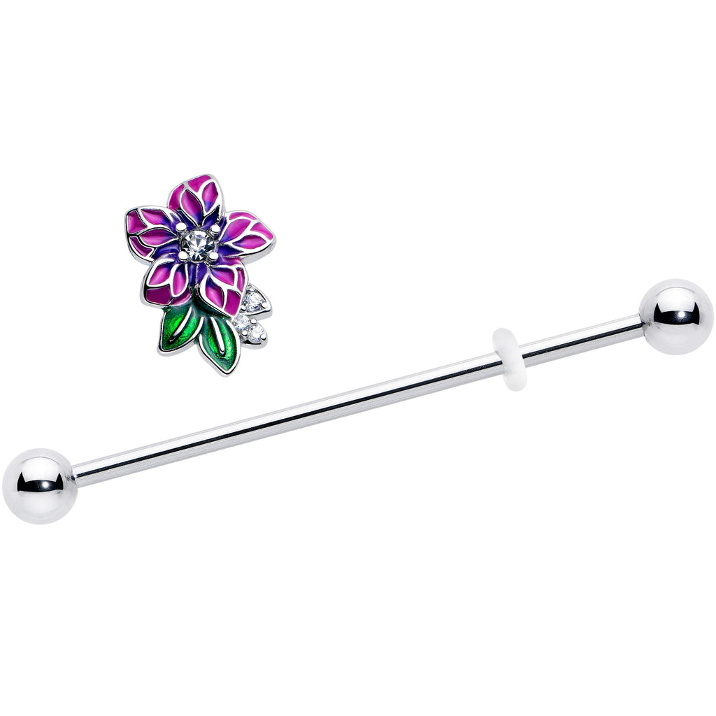 BodyCandy 14G Clear CZ Gem Flower Purple Industrial Barbell 38mm — detail close-up