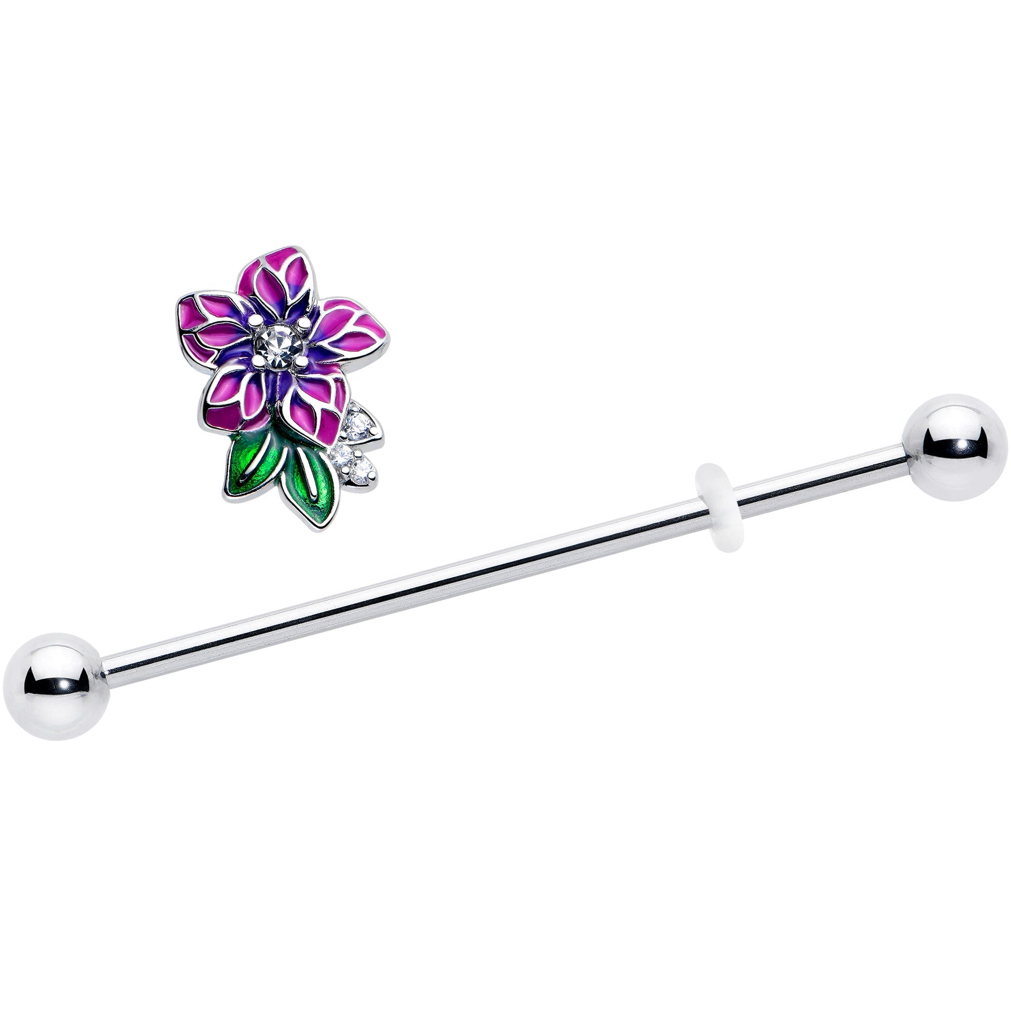 BodyCandy 14G Clear CZ Gem Flower Purple Industrial Barbell 38mm — detail close-up