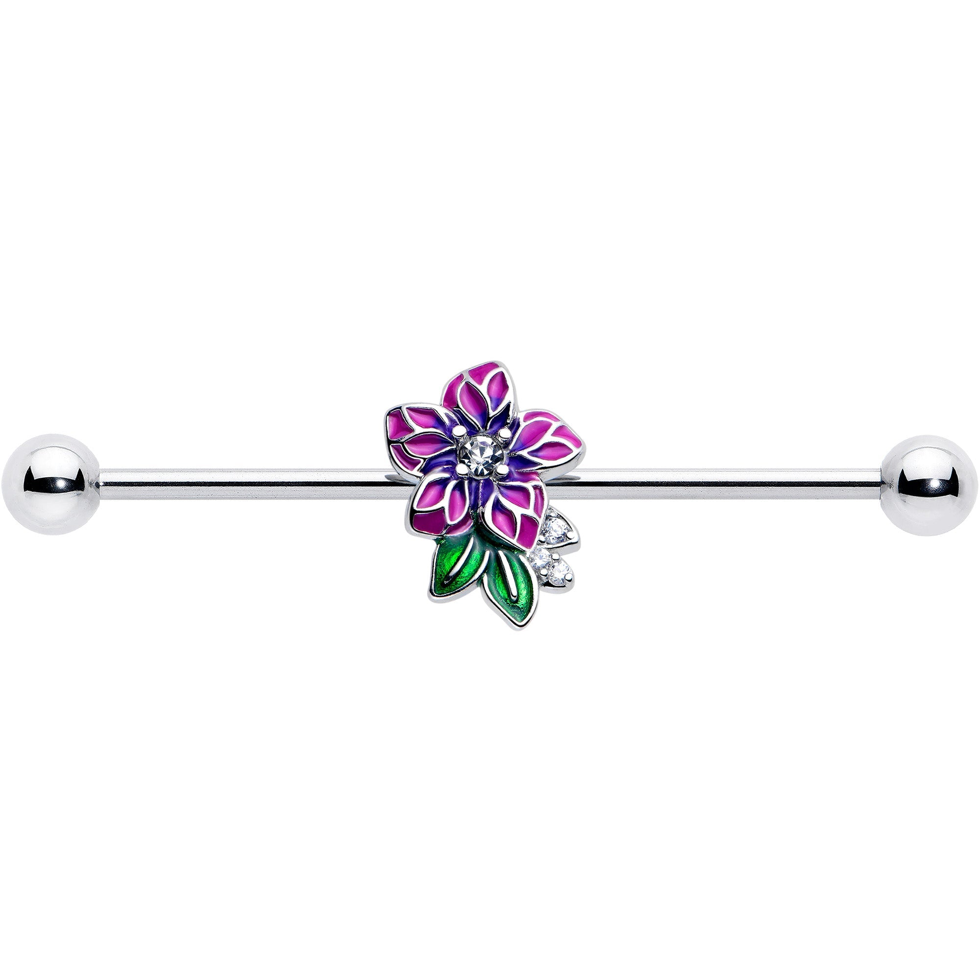 BodyCandy 14G Clear CZ Gem Flower Purple Industrial Barbell 38mm — lifestyle context