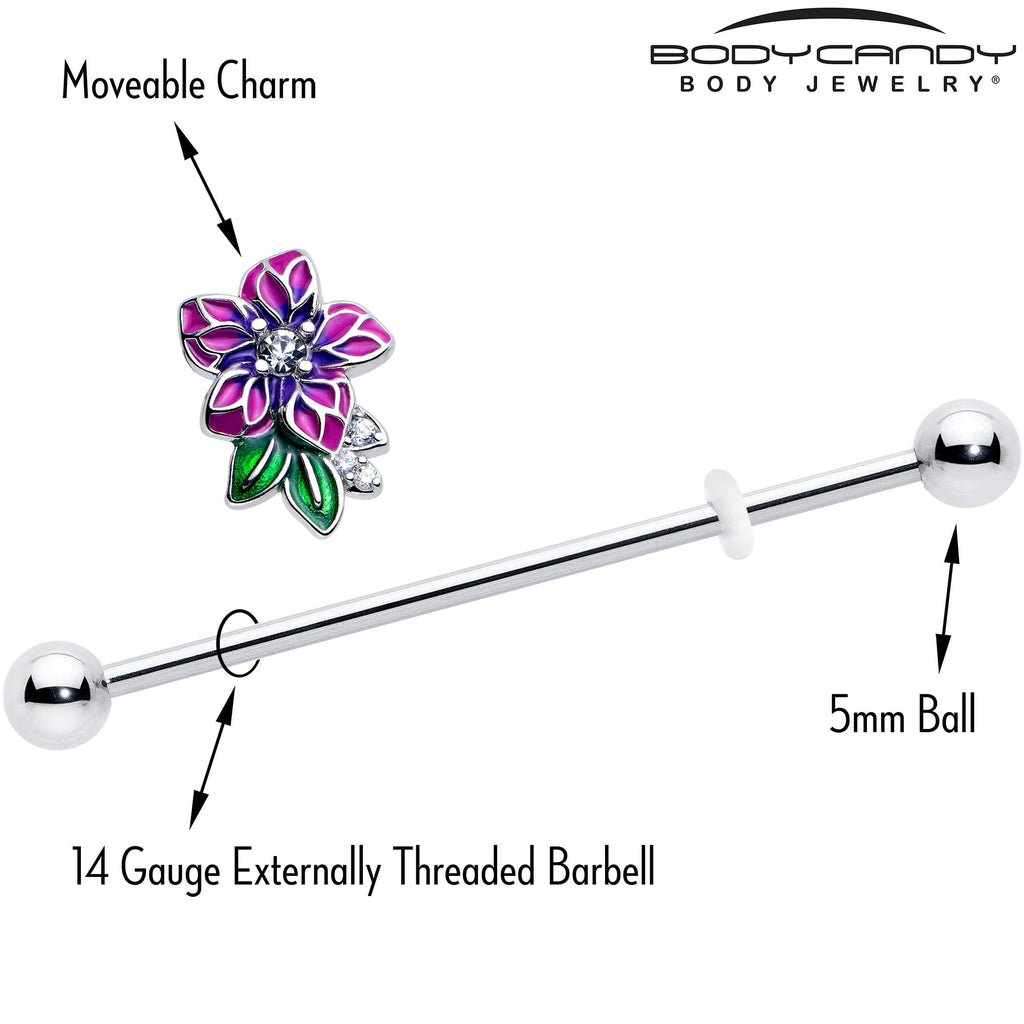 BodyCandy 14G Clear CZ Gem Flower Purple Industrial Barbell 38mm — side view