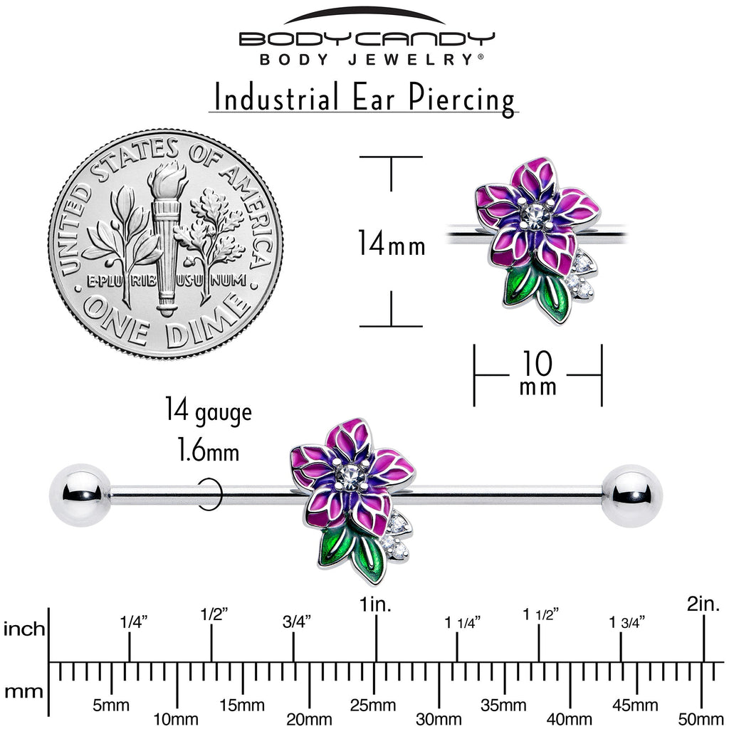 BodyCandy 14G Clear CZ Gem Flower Purple Industrial Barbell 38mm — back view