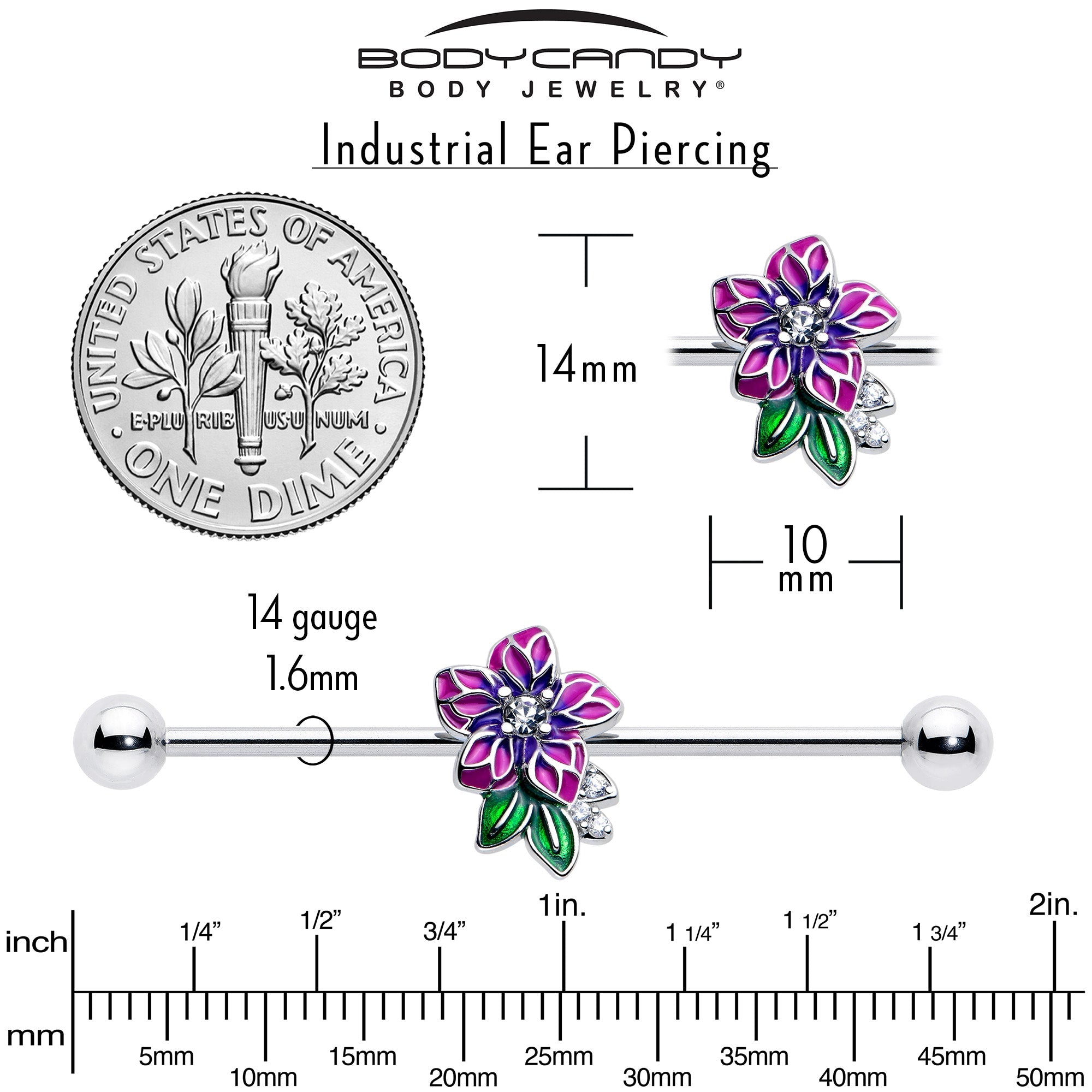 BodyCandy 14G Clear CZ Gem Flower Purple Industrial Barbell 38mm — back view