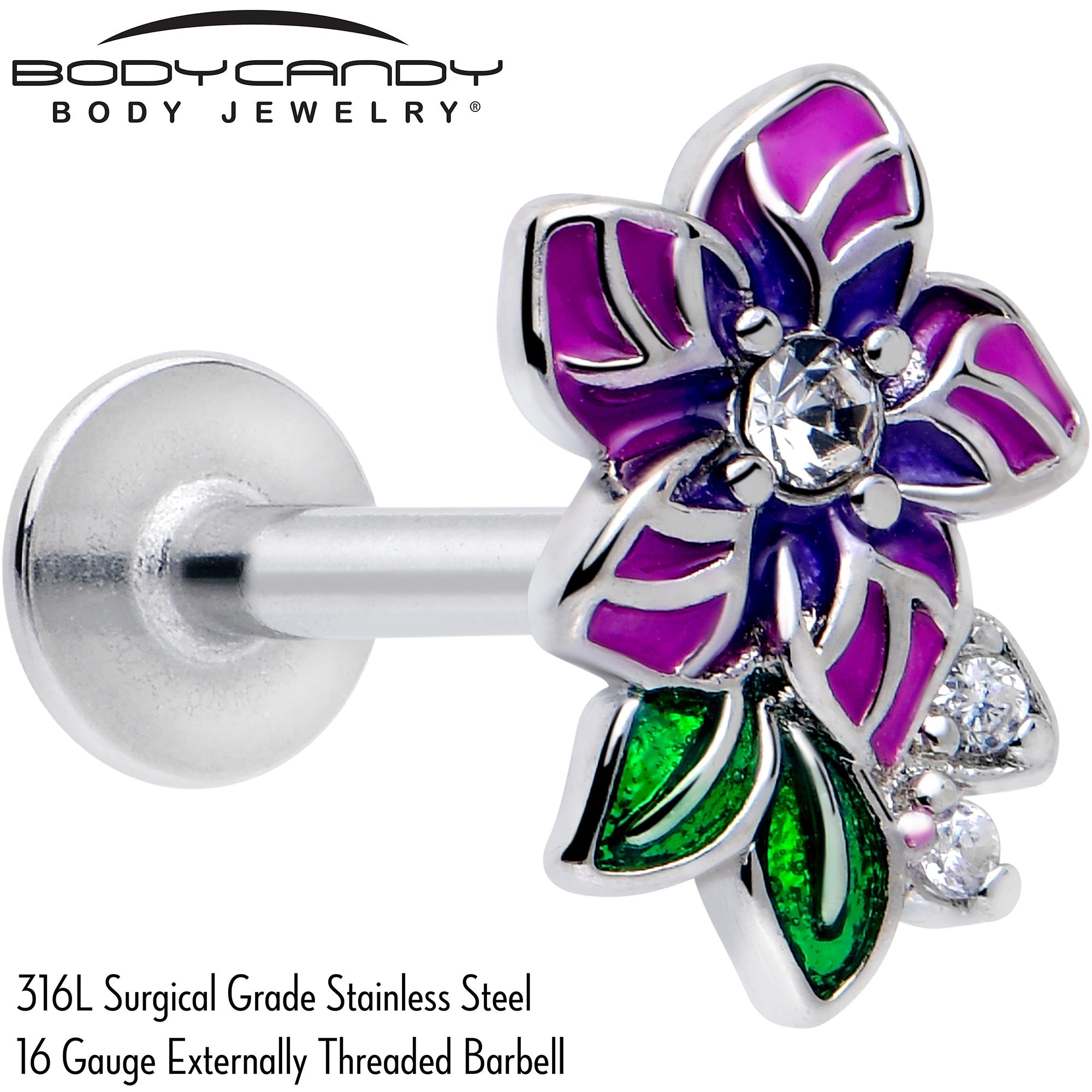 BodyCandy 16G 5/16 Clear CZ Gem Flower Purple Flatback Stud — detail close-up