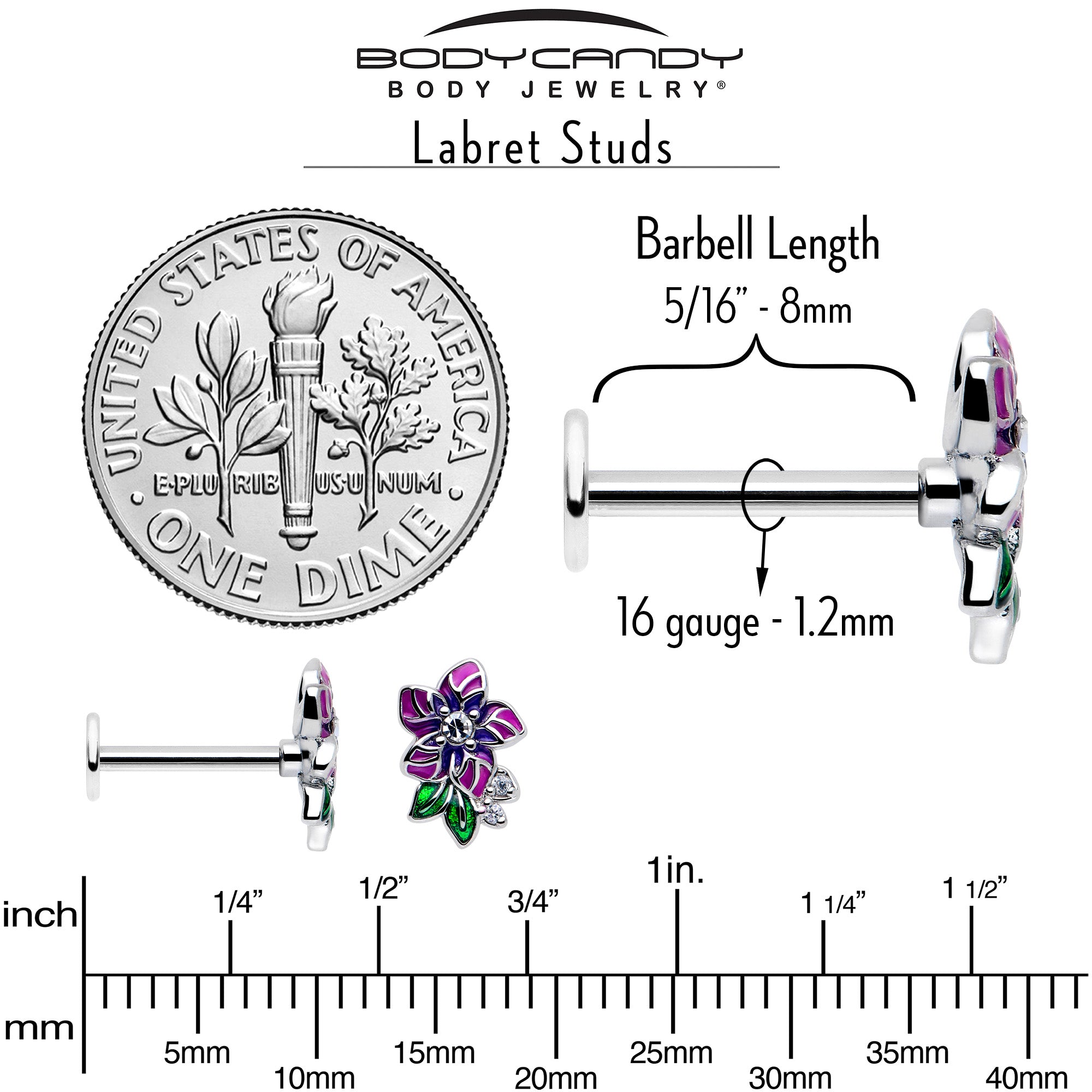 BodyCandy 16G 5/16 Clear CZ Gem Flower Purple Flatback Stud — back view