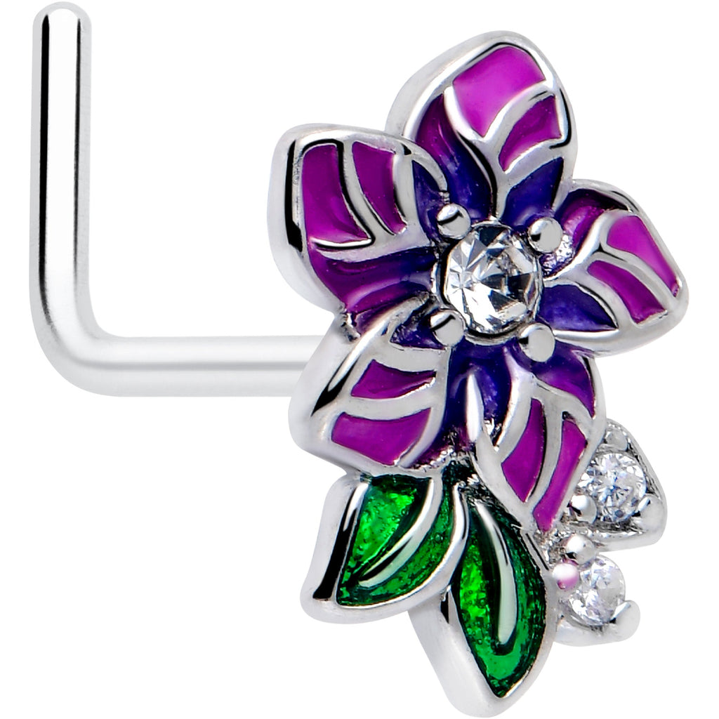 BodyCandy 20G 7mm Clear CZ Gem Flower Purple L Shape Nose Ring — main product shot