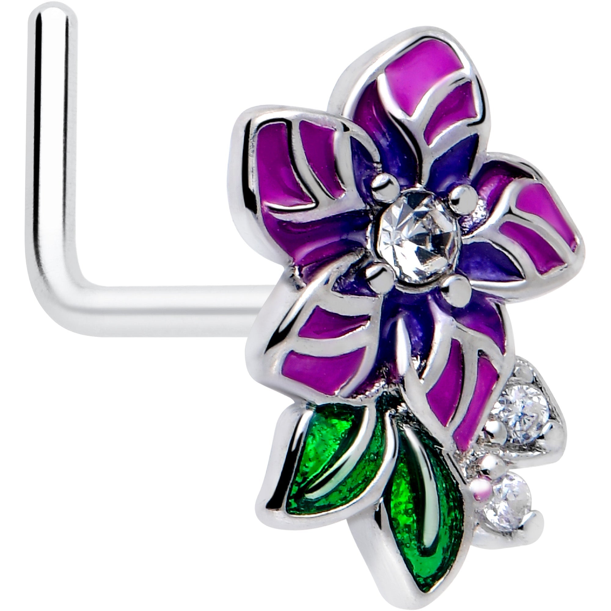 BodyCandy 20G 7mm Clear CZ Gem Flower Purple L Shape Nose Ring — main product shot
