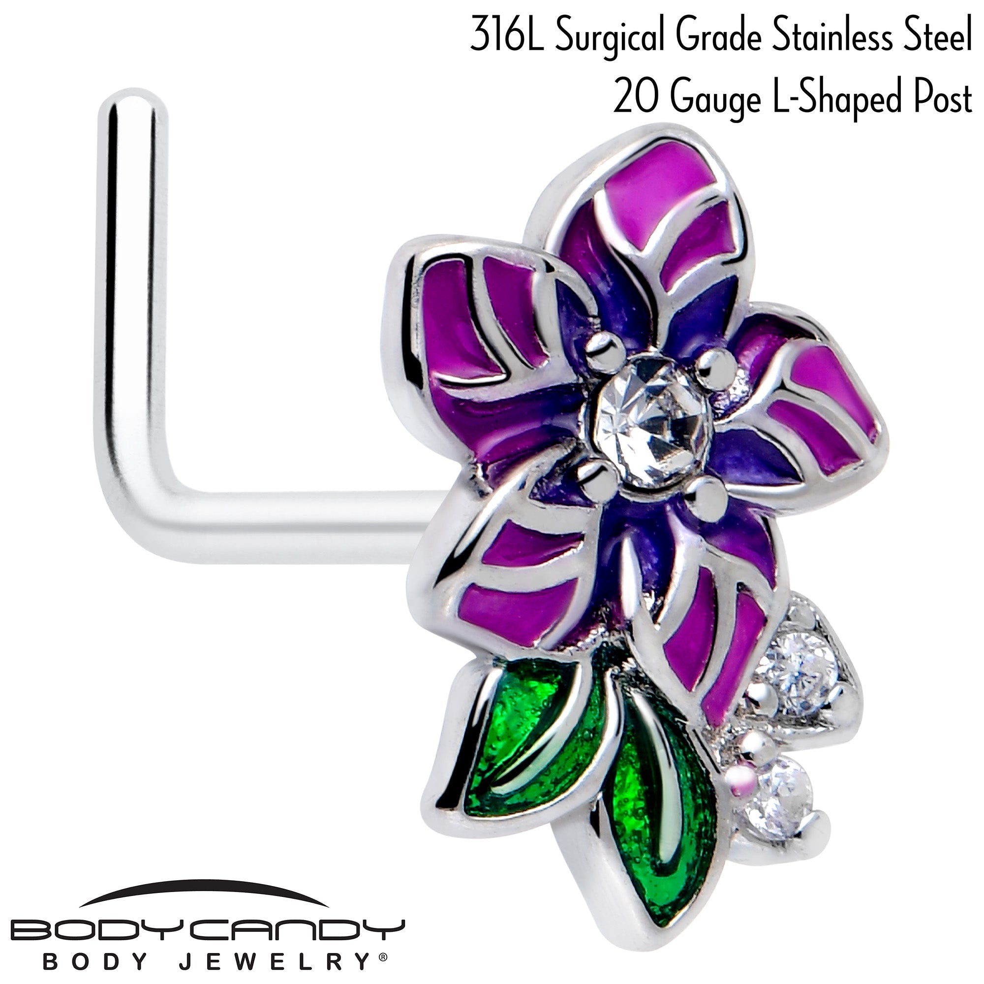 BodyCandy 20G 7mm Clear CZ Gem Flower Purple L Shape Nose Ring — detail close-up