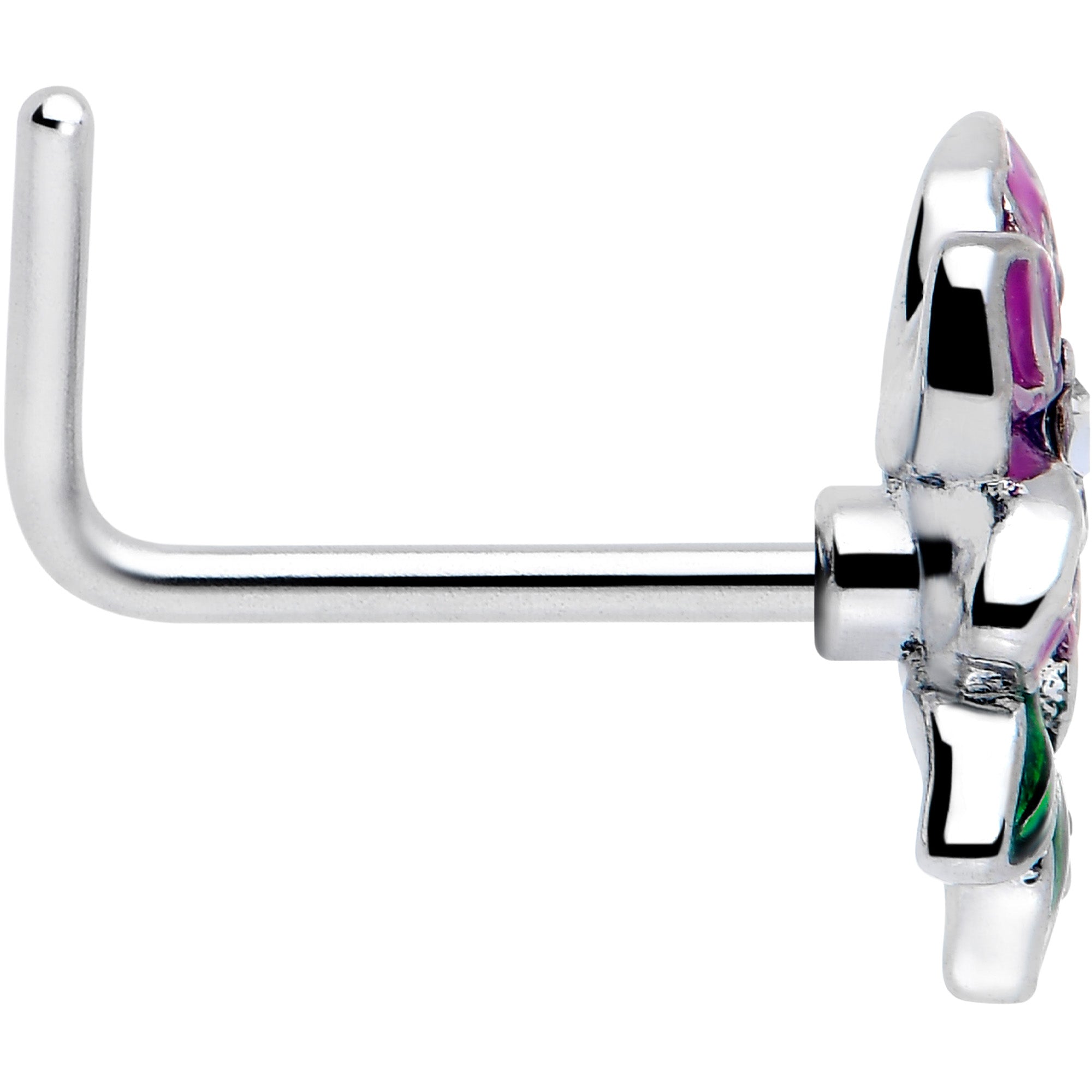 BodyCandy 20G 7mm Clear CZ Gem Flower Purple L Shape Nose Ring — side view