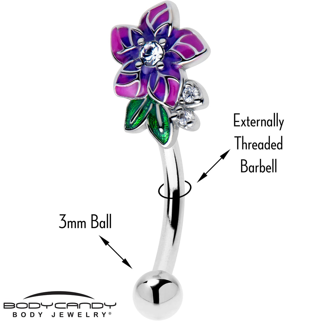 BodyCandy 16G 5/16 Clear CZ Gem Flower Purple Curved Eyebrow Ring — detail close-up